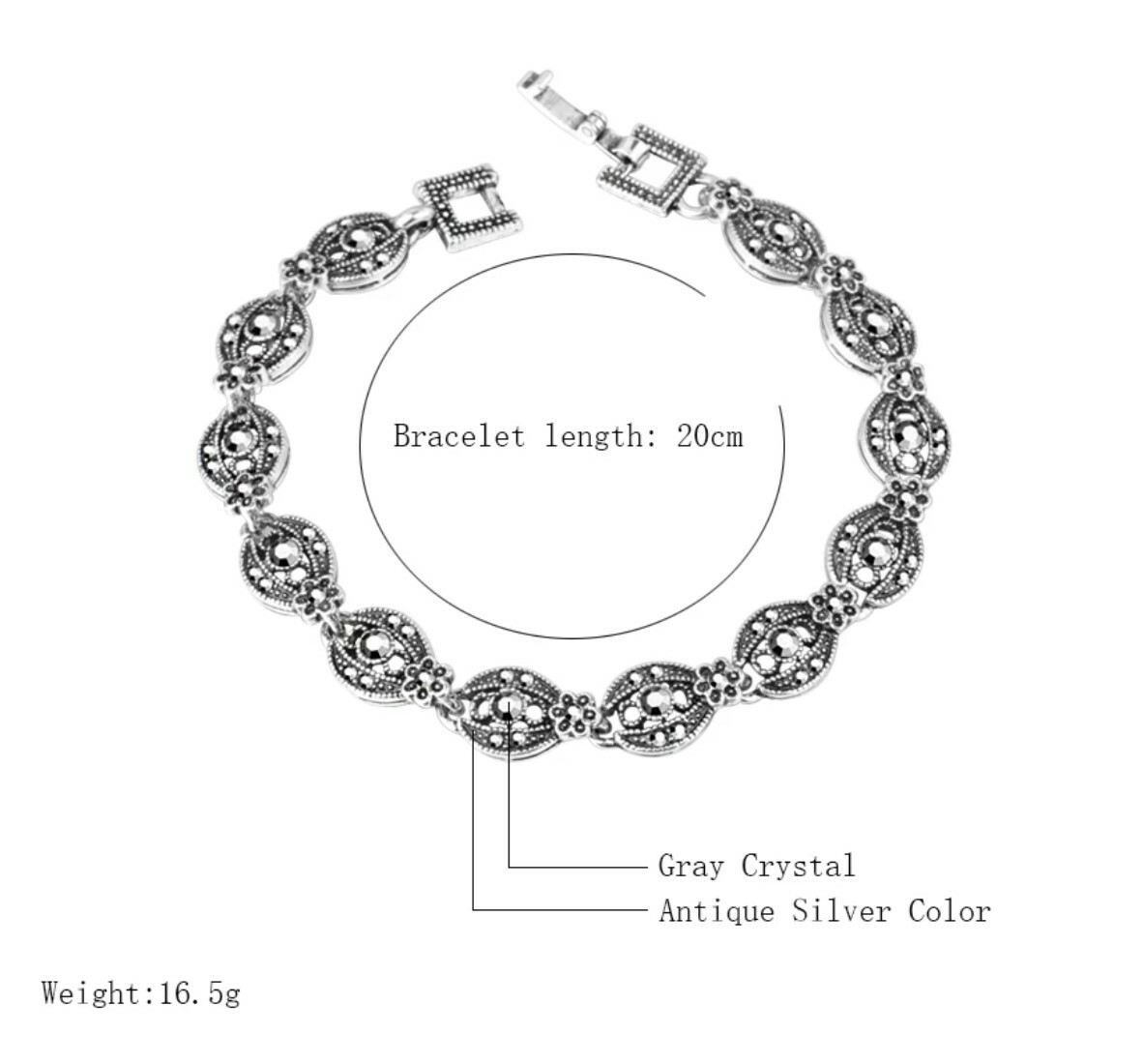 7.9 inch Silver Plated Turkish Style bracelet with marcasite-like stones