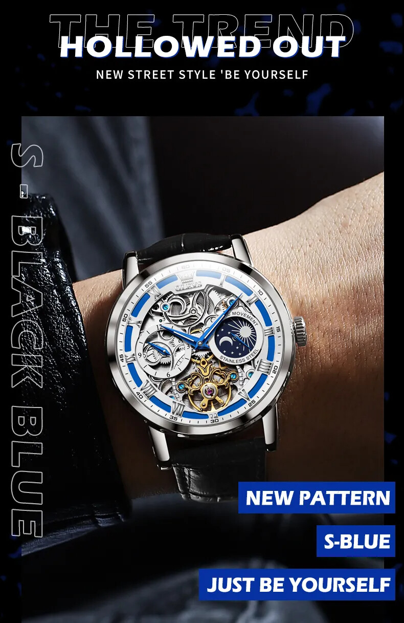 OLEVS Skeleton Self-Wind Automatic Mechanical Men’s Watch Leather Moon Phase