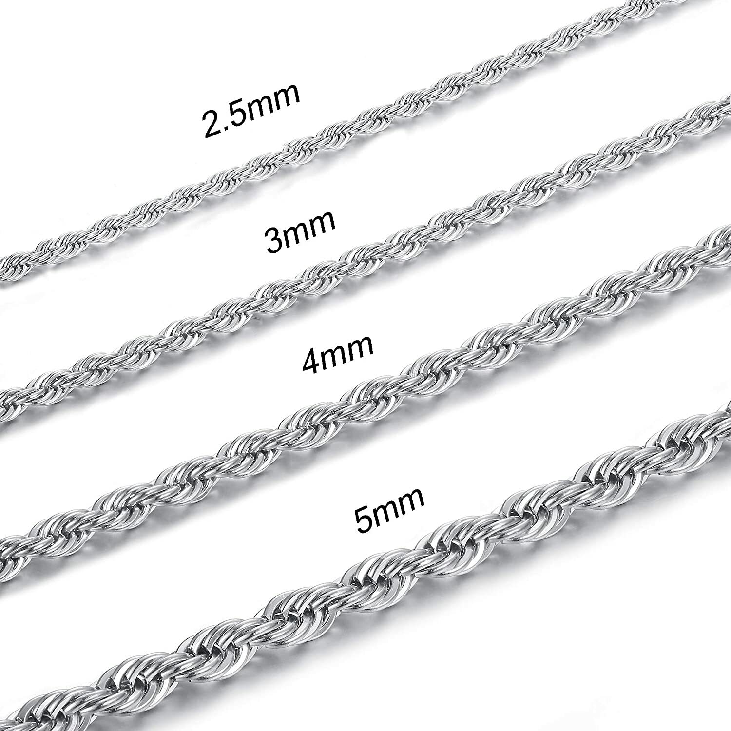 Stainless Steel Silver Rope Chain Bracelet Necklace Men Women 2mm, 3mm, 4mm, 5mm