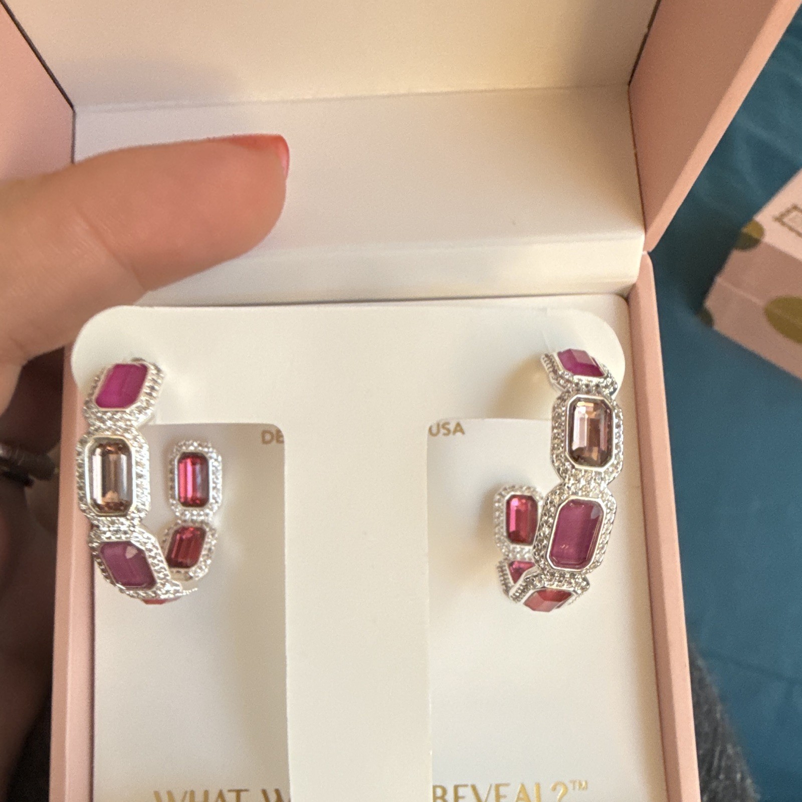 BP Hoop Earrings Pink Baguette Rhinestone Silver Plated Hinged ER55732