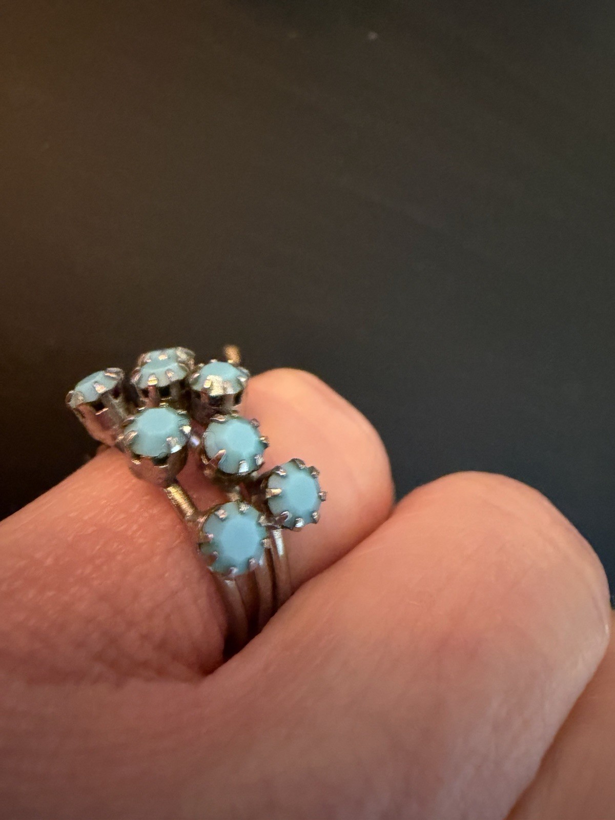 SILVERTONE STACKABLE BANDS CLUSTER OF TURQUOISE STONES RING SIZE 5