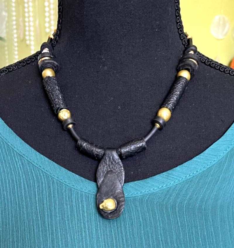 Art Nouveau necklace made of genuine leather and pearls Handmade jewelry for her