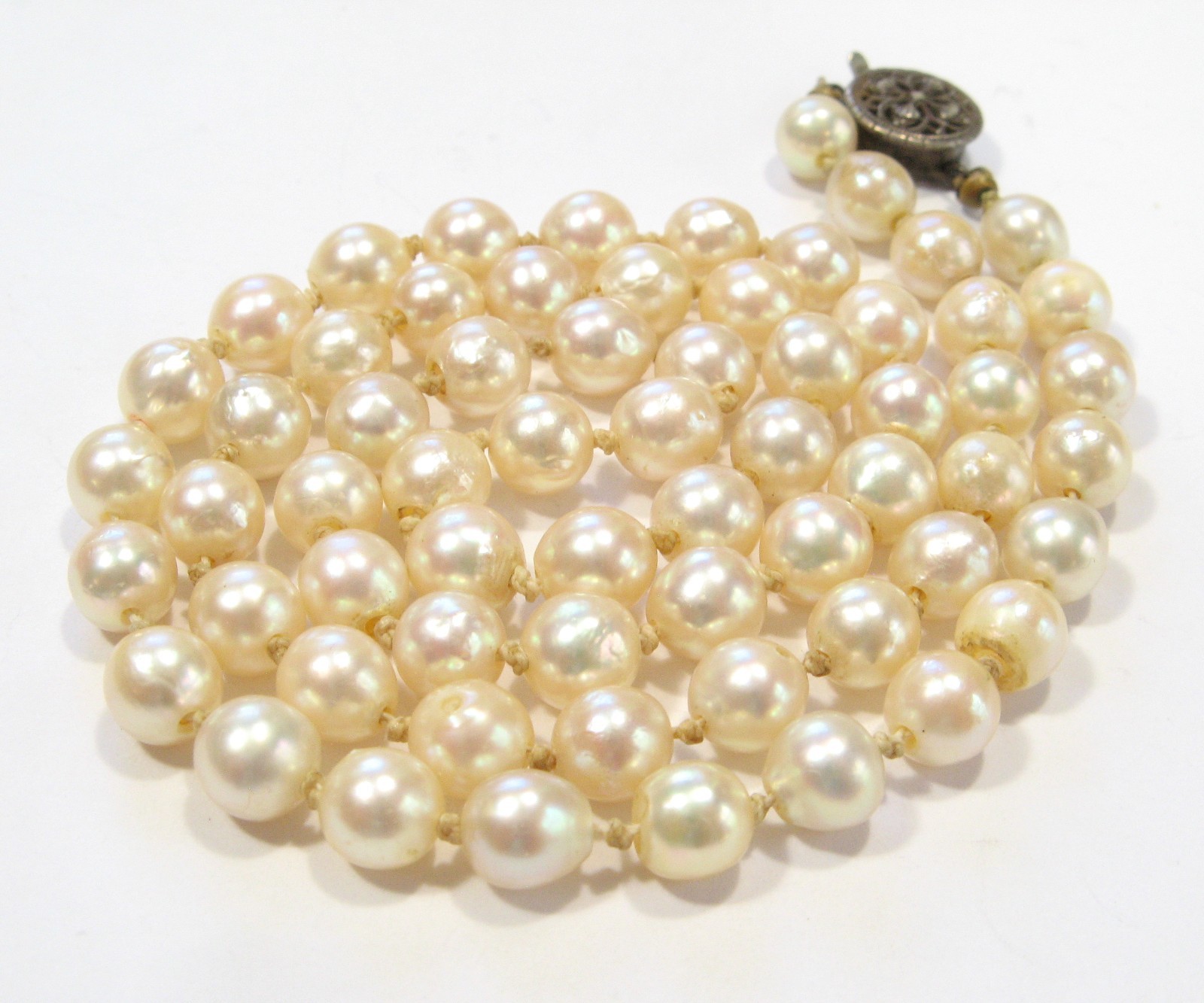 Vintage AKOYA Cultured PEARL Hand-knotted NECKLACE 6mm Sterling Silver 17.75″