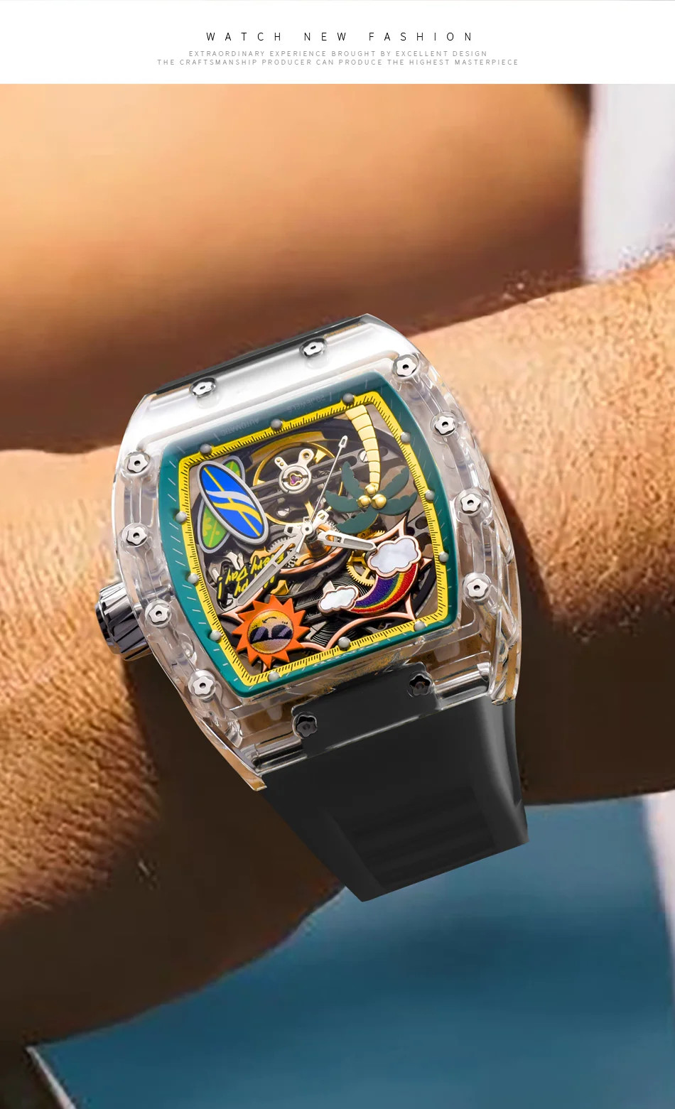 Unique Dial Men’s Mechanical Watch Summer Beach Glow Waterproof Silicone