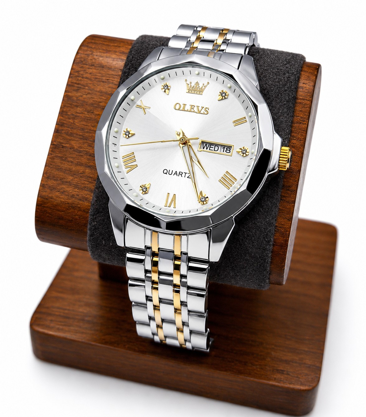 OLEVS Men’s Quartz Watch White Sunburst Dial Two-Tone Stainless Steel Day Date