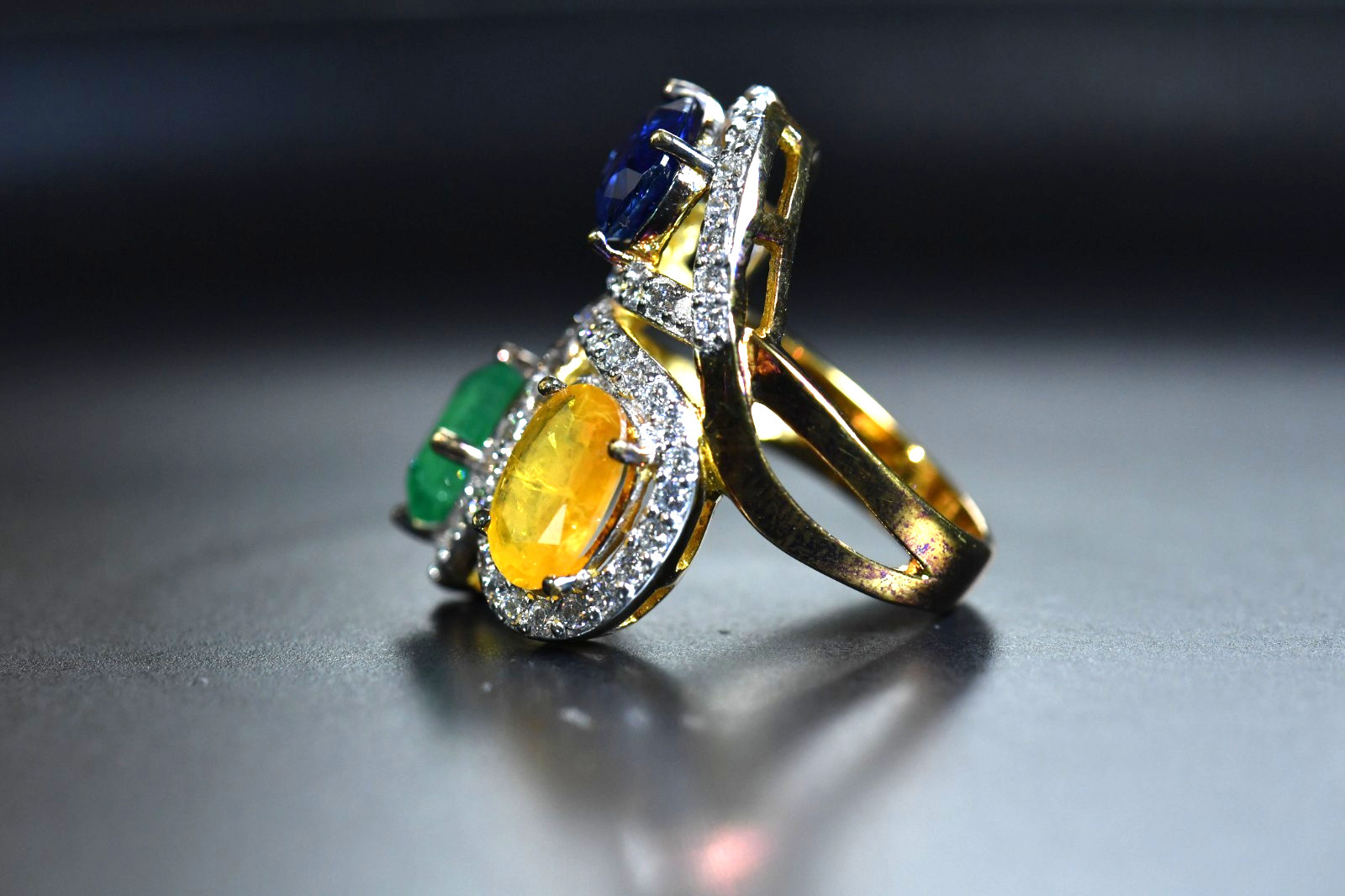 3 Stone Multi Gemstone Ring Emerald, Kyanite, Yellow, Sapphire surrounded CZ