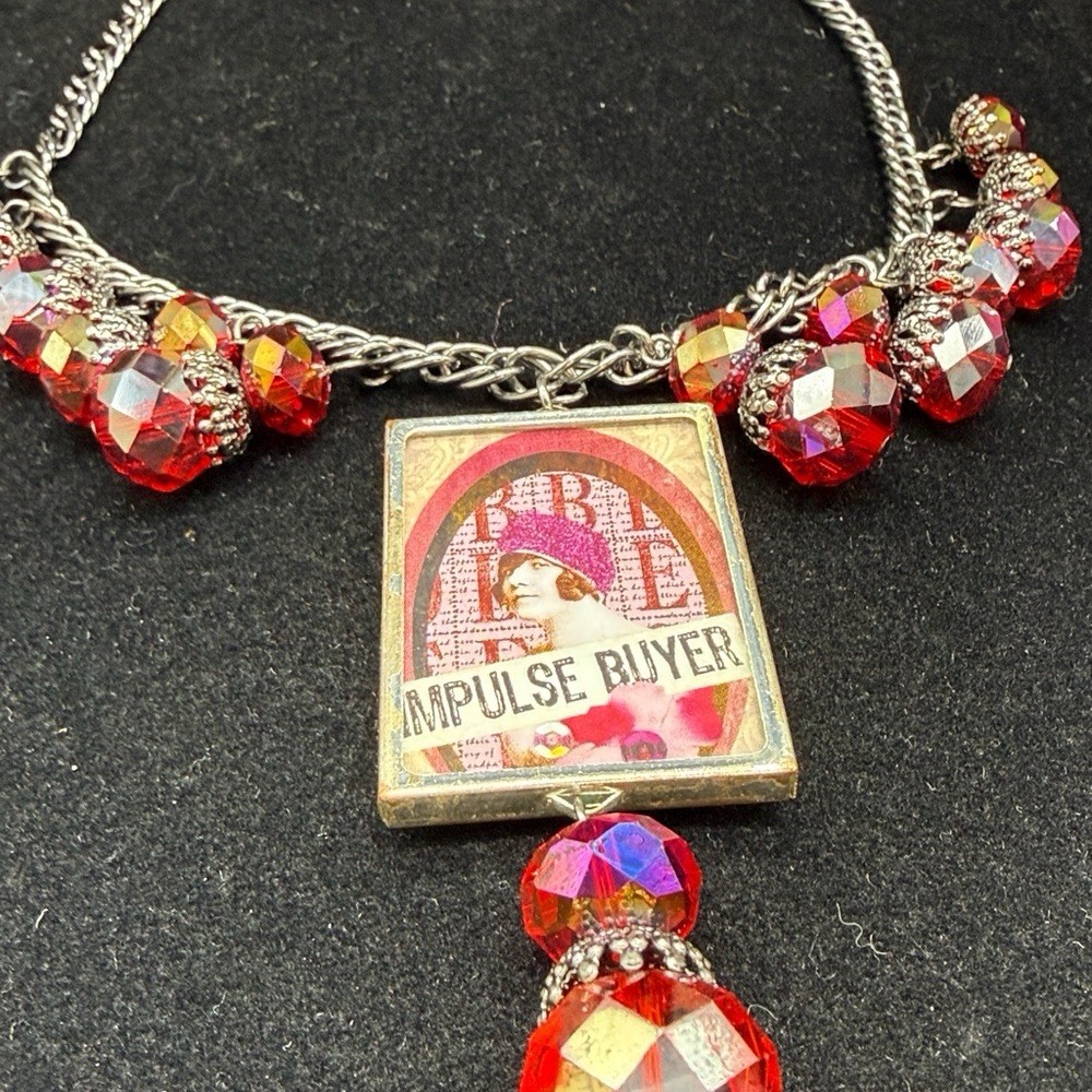 Adorned Crown Jewelry assemblage bauble bead Impulse buyer glass bezel necklace