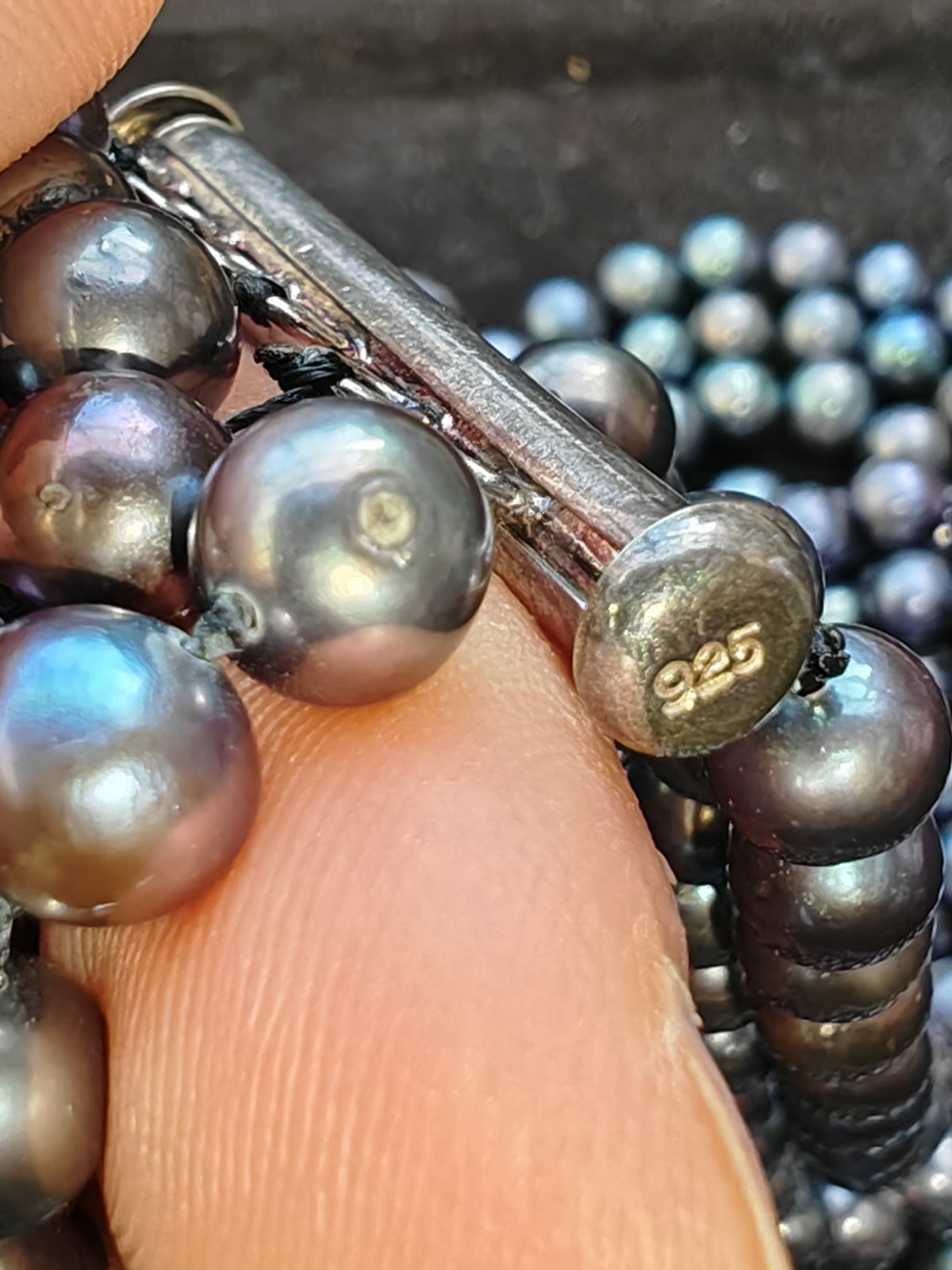 5 strand purple black peacock Tahitian style cultured pearl 925 necklace silk ba