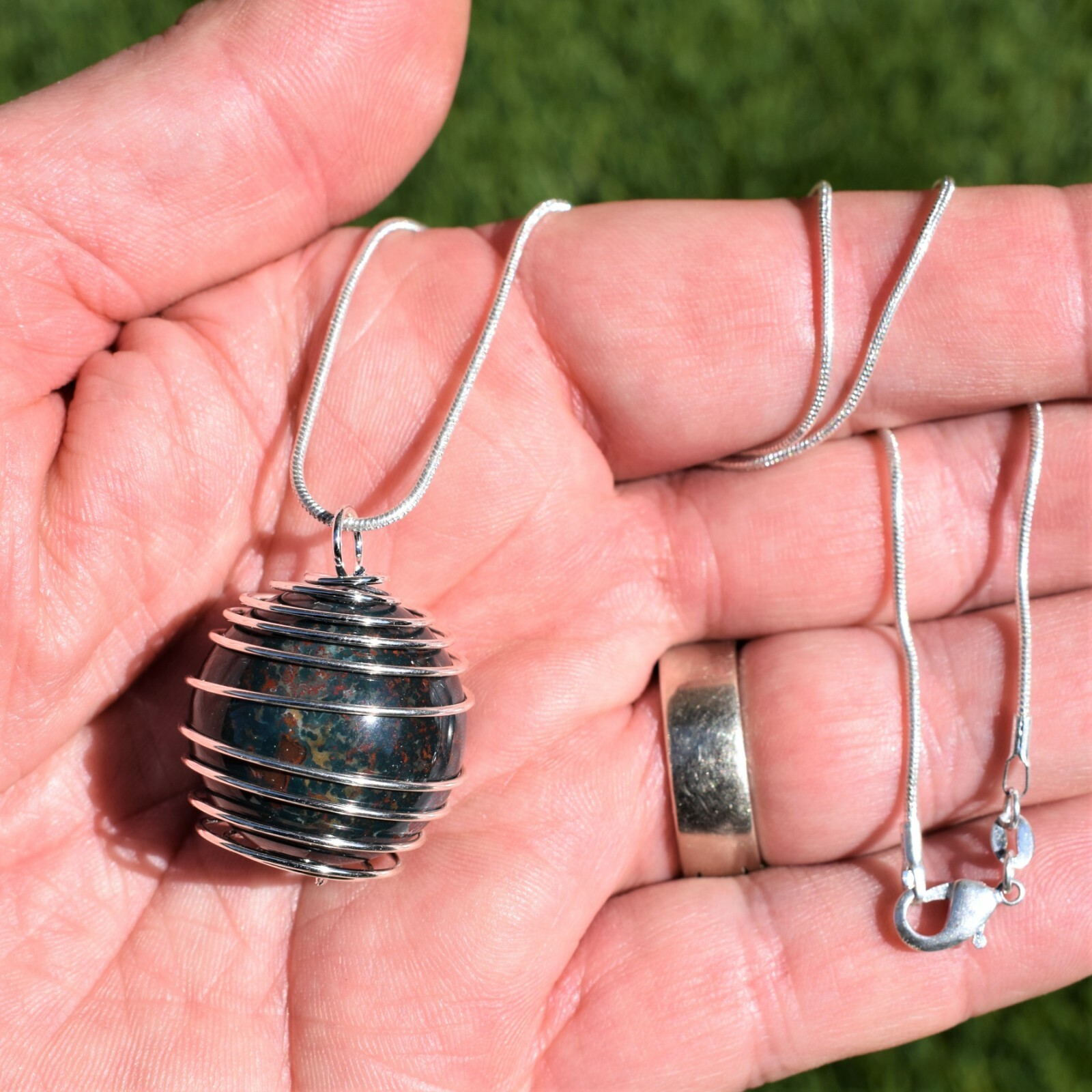 Bloodstone Hand-Polished Sphere Pendant + 20″ Stainless Steel Chain + Charger