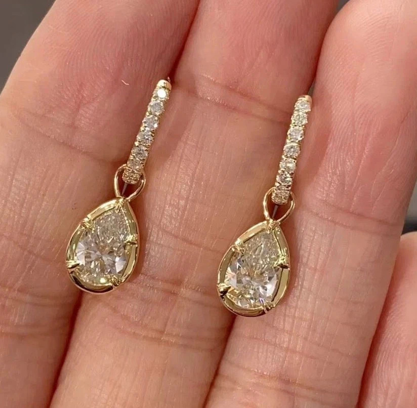 Pear 3 CT EF-VS1 Lab Grown Diamond Wedding Drop Dangle Earrings 14K Yellow Gold