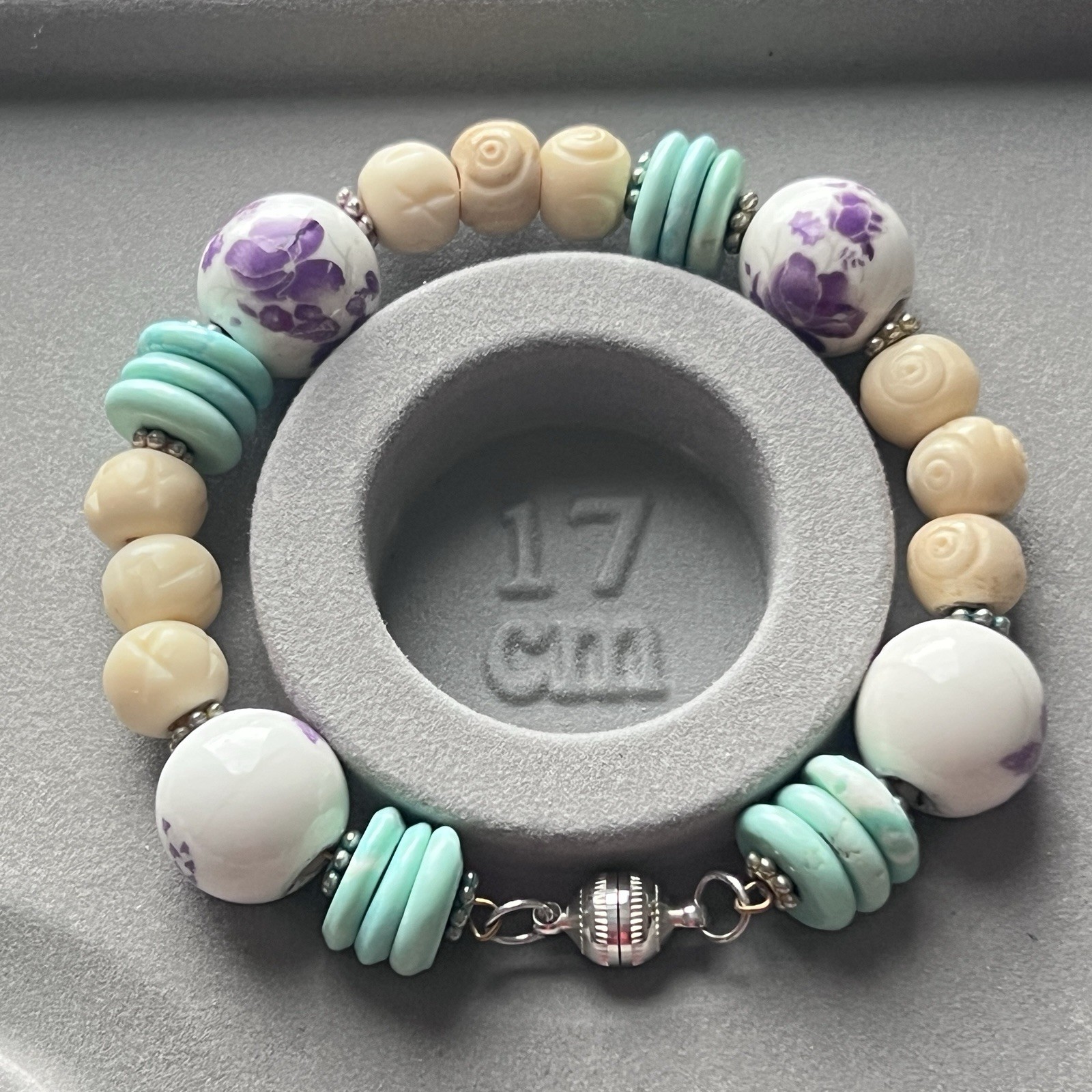 Ceramic Floral Imprinted Beaded Bracelet Magnetic Clasp Handmade New