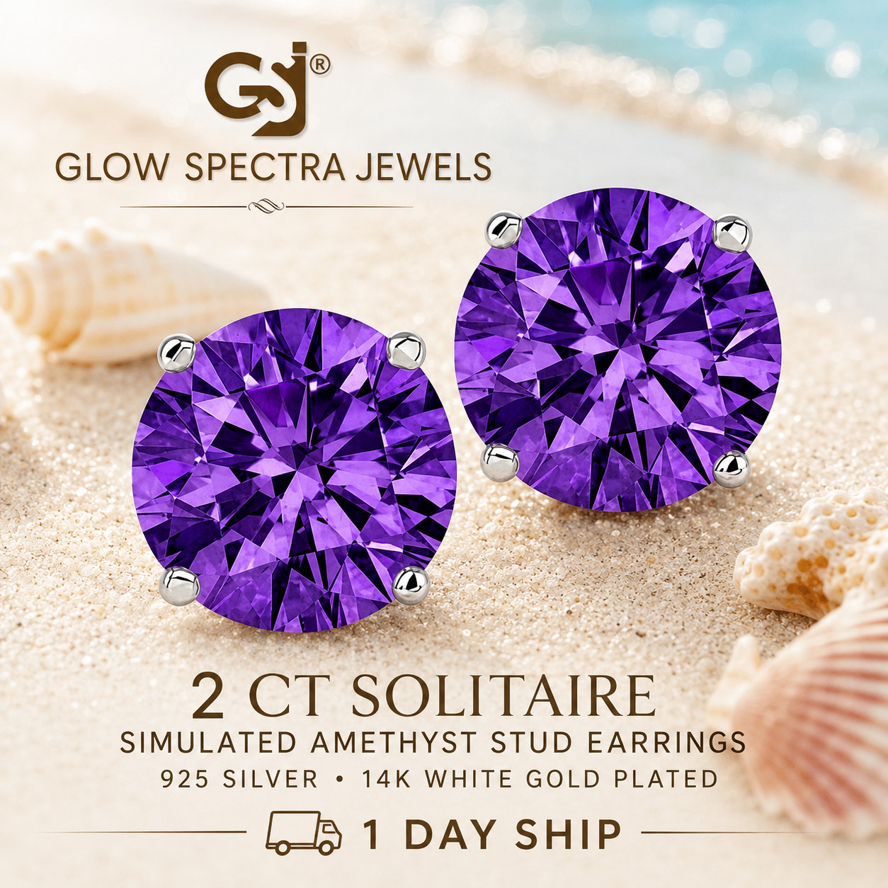 2.00CT Solitaire Purple Amethyst Stud Erring Screw Back 14k White Gold Plated