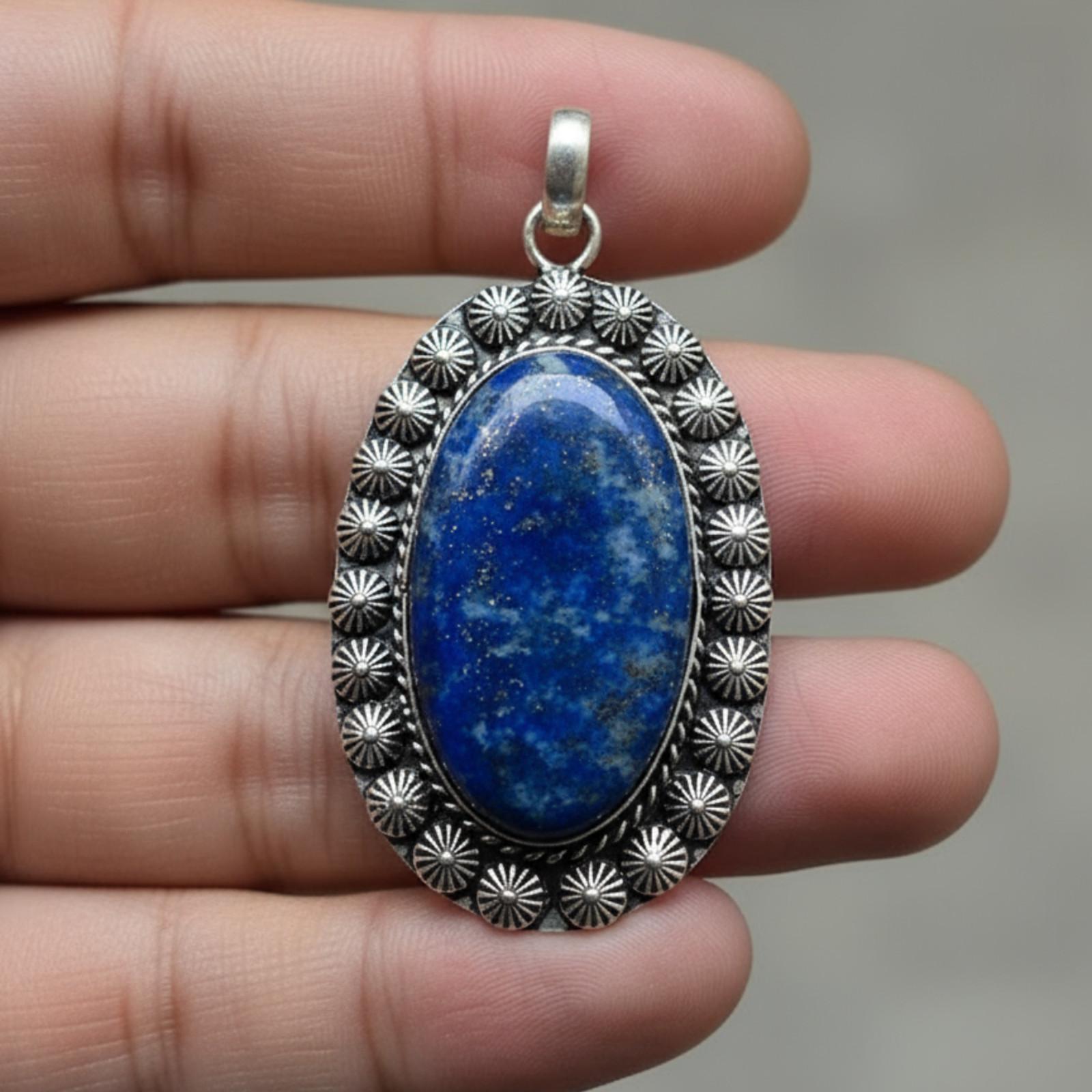 Lapis Lazuli Oval Pendant with Free Chain Handmade Silver Plated Healing Crystal