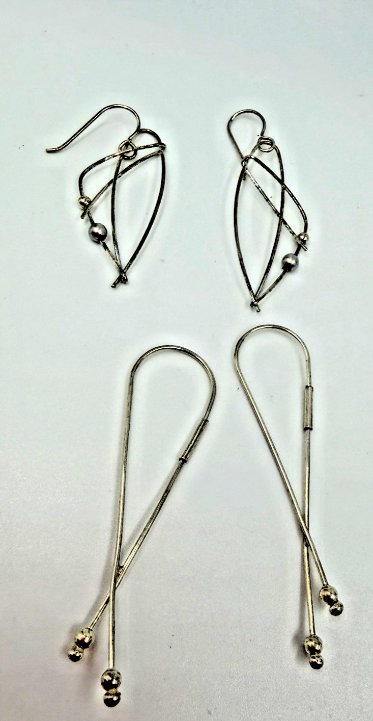 Sterling Silver Earrings Lot Kinetic Wire 2 Pair Unsigned Threader Hoop Artsy