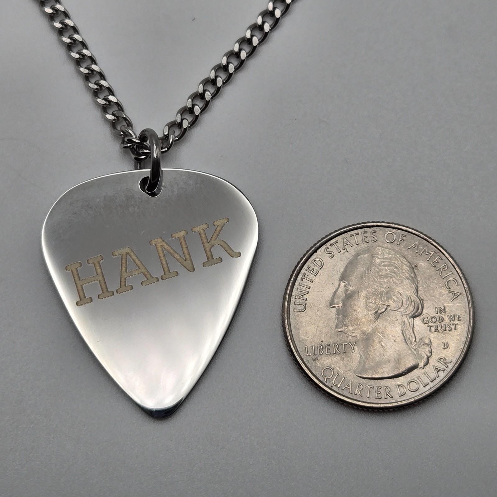 CUSTOM NAME GUITAR PICK CHARM 18″-24″ STAINLESS STEEL CURB CHAIN NECKLACE