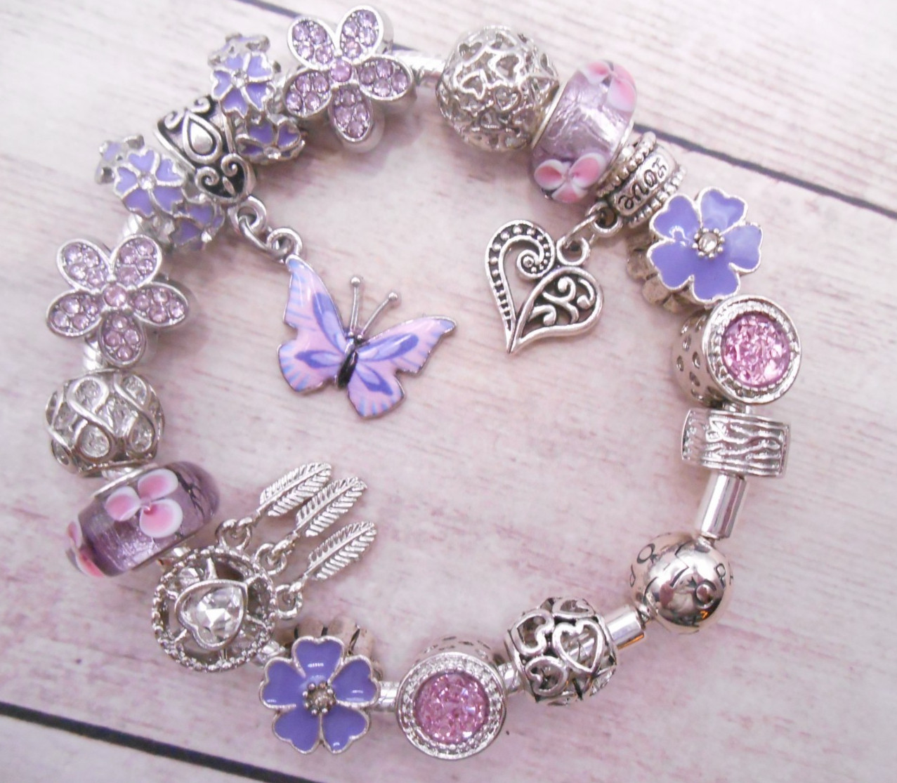 PANDORA SILVER CHARM BRACELET WITH PURPLE BUTTERFLY CRYSTAL CHARMS & GIFT BOX!