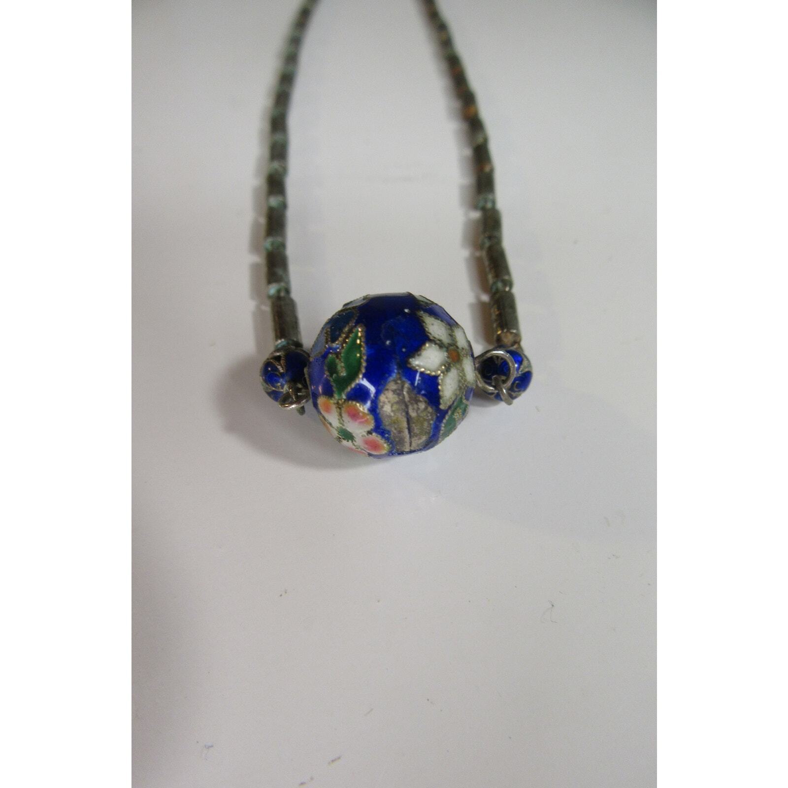 Blue Cloisonne Flowers 11mm Round Bead 2x 5mm Round Beads Silver Tone Necklace