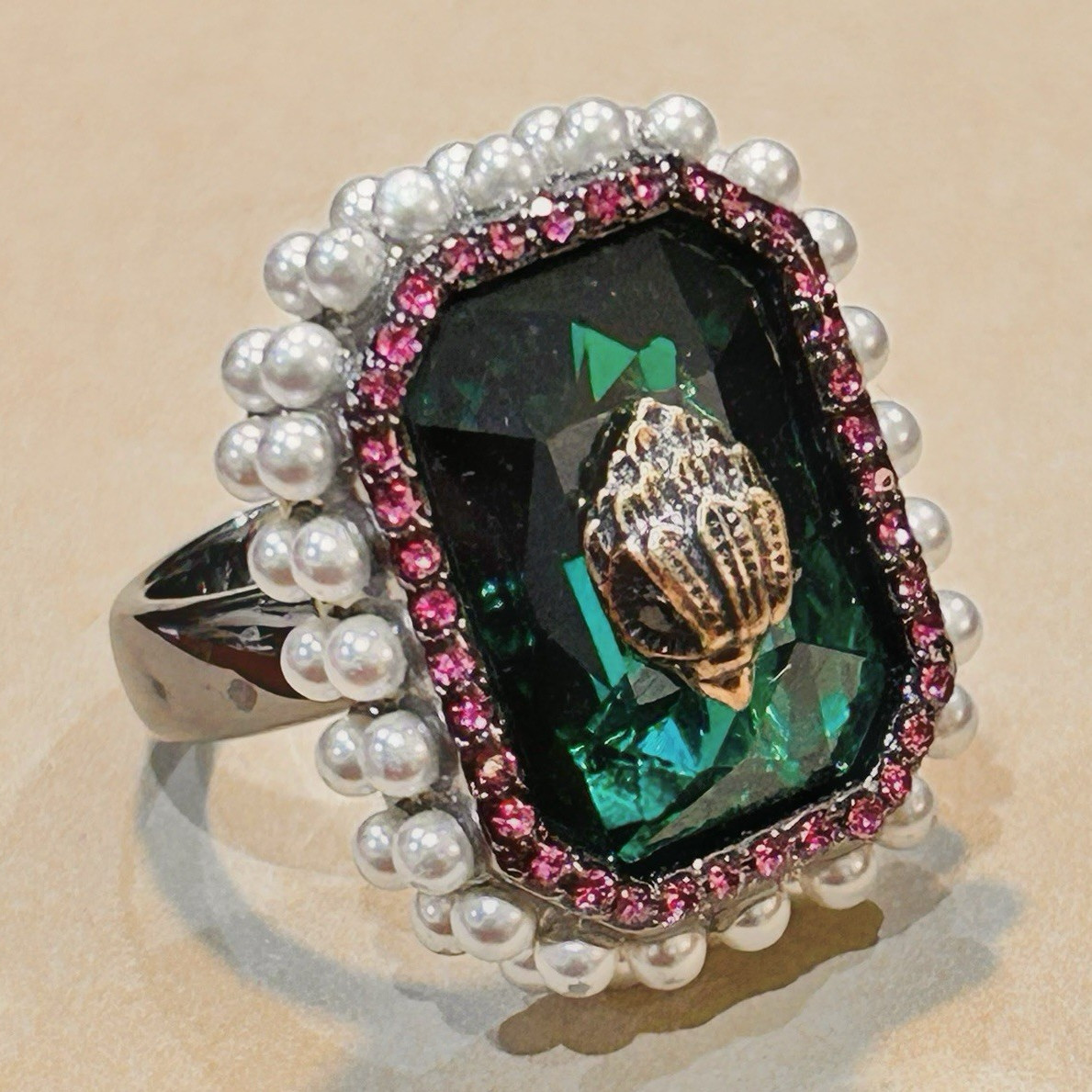 Kurt Geiger London Green Emerald-Cut Crystal Pearl Halo Cocktail Ring Size 8