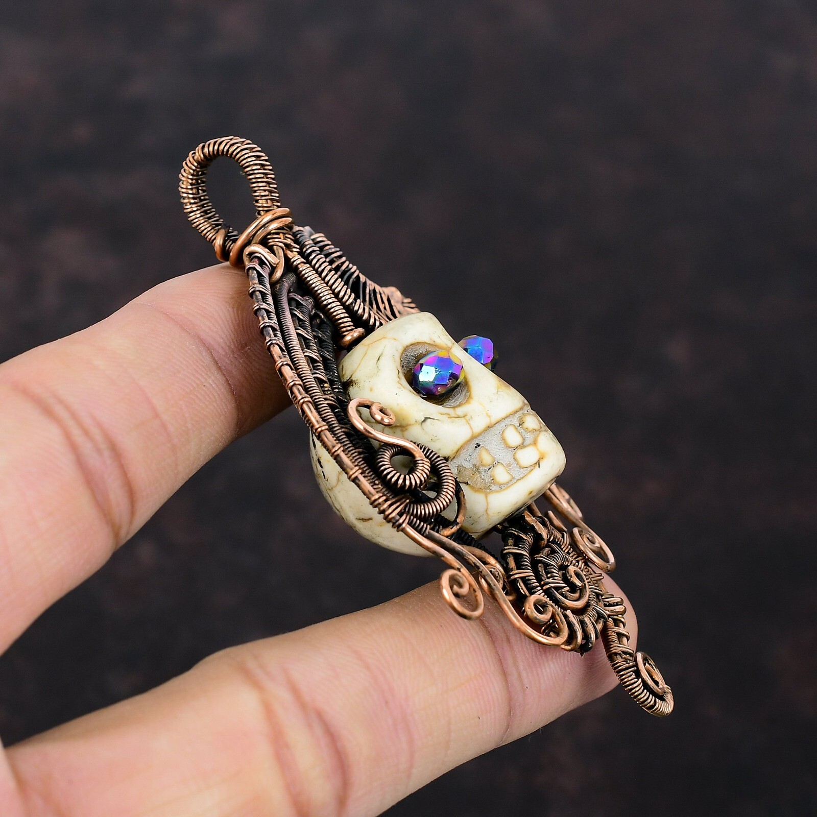 Howlite Copper Friend Gift Wire Wrapped And Skull Face Pendant 3.23″