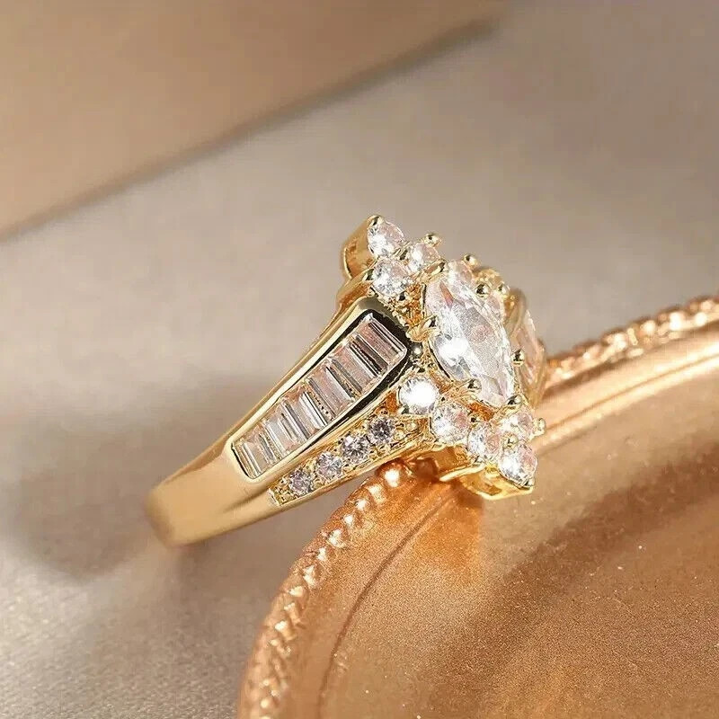 2 Ct Marquise Cut Simulated Diamond Engagement Halo Ring 14k Yellow Gold Plated