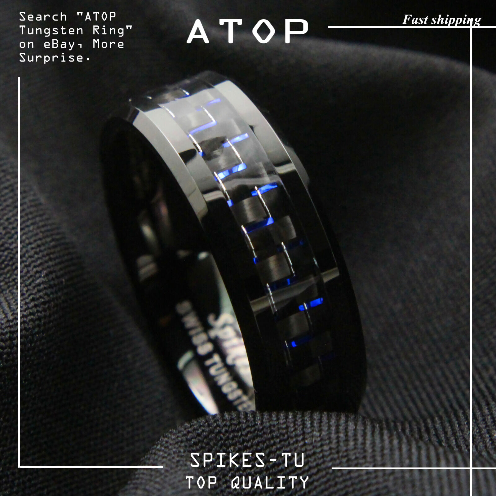 8mm Black Tungsten Ring Black Blue Carbon Fiber Wedding Band ATOP Men’s jewelry