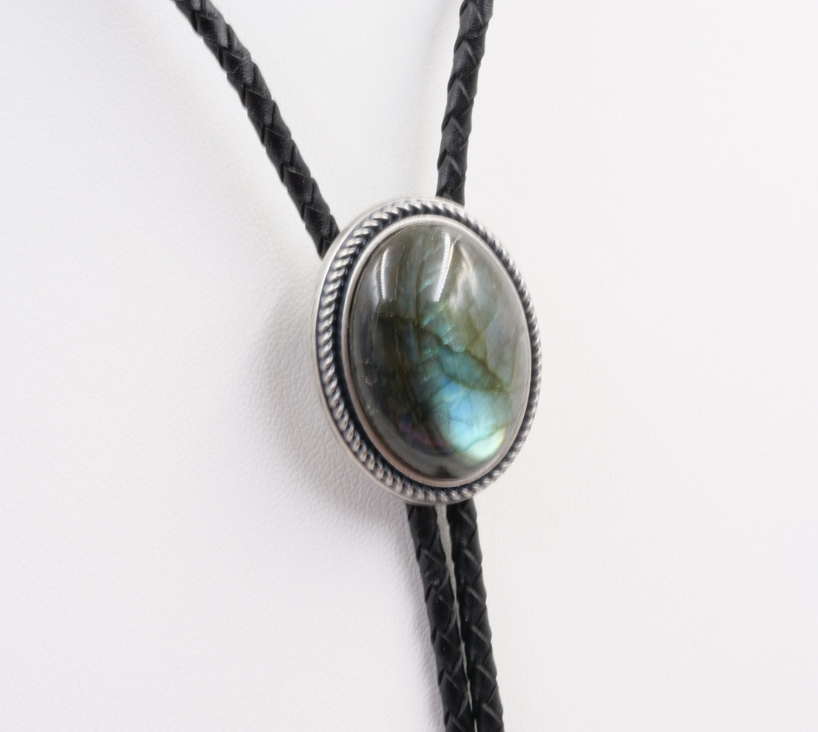 Hand Made Nature Labradorite Stone Western Cowboy Leather Bolo Neck Tie