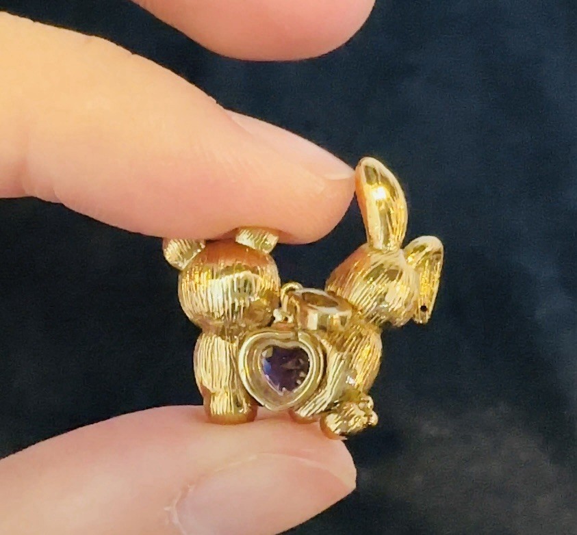 14K Gold Bear Rabbit Pink Tourmaline Pendant