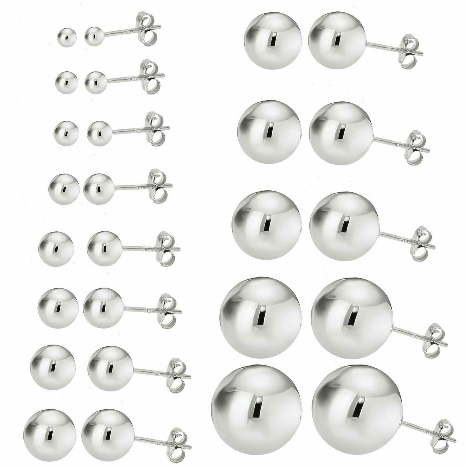 925 Sterling Silver Round Ball Stud Earrings High Polished Butterfly Post Backs