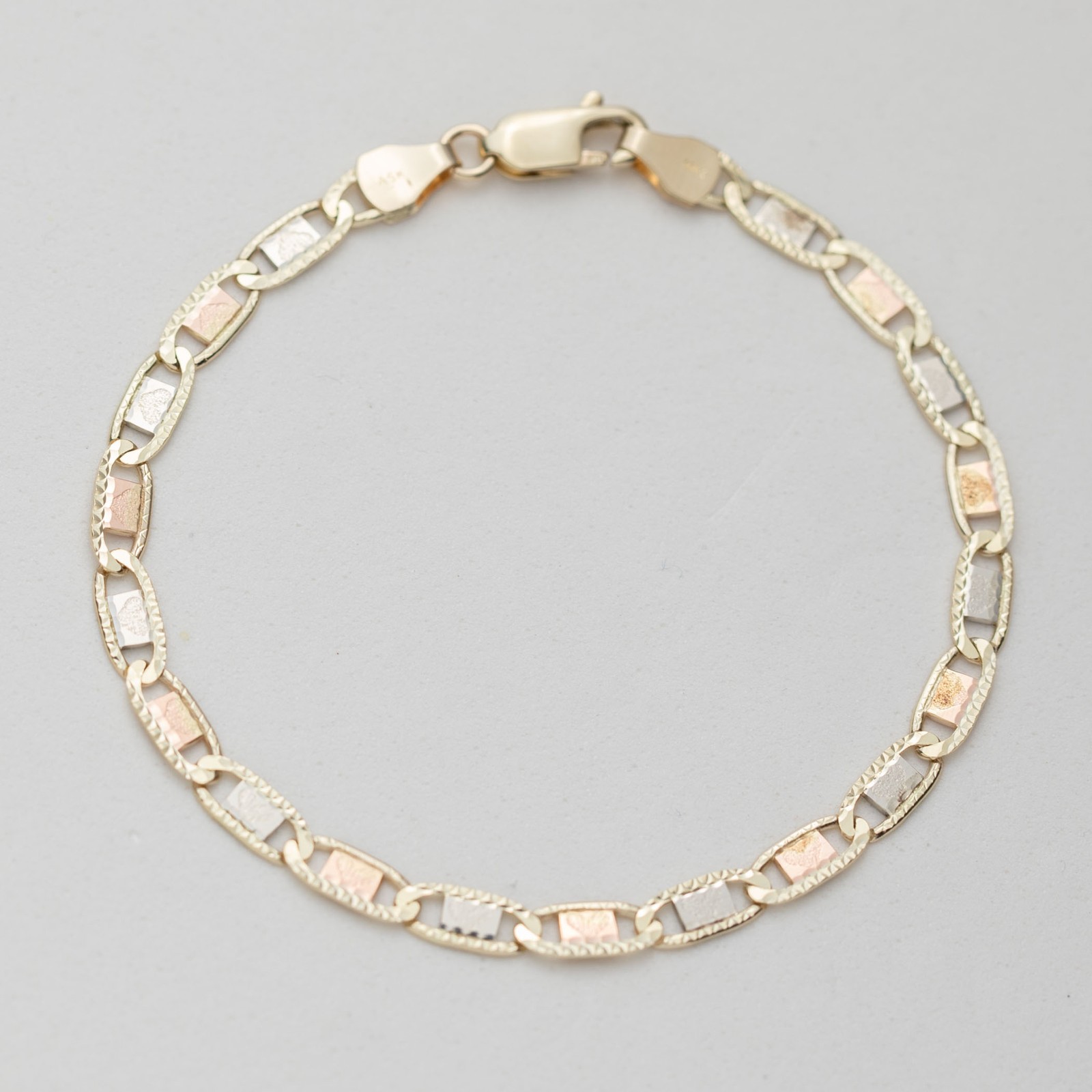 10K GOLD Heart Textured Valentino Link Bracelet Tri-Color Gold All Sizes