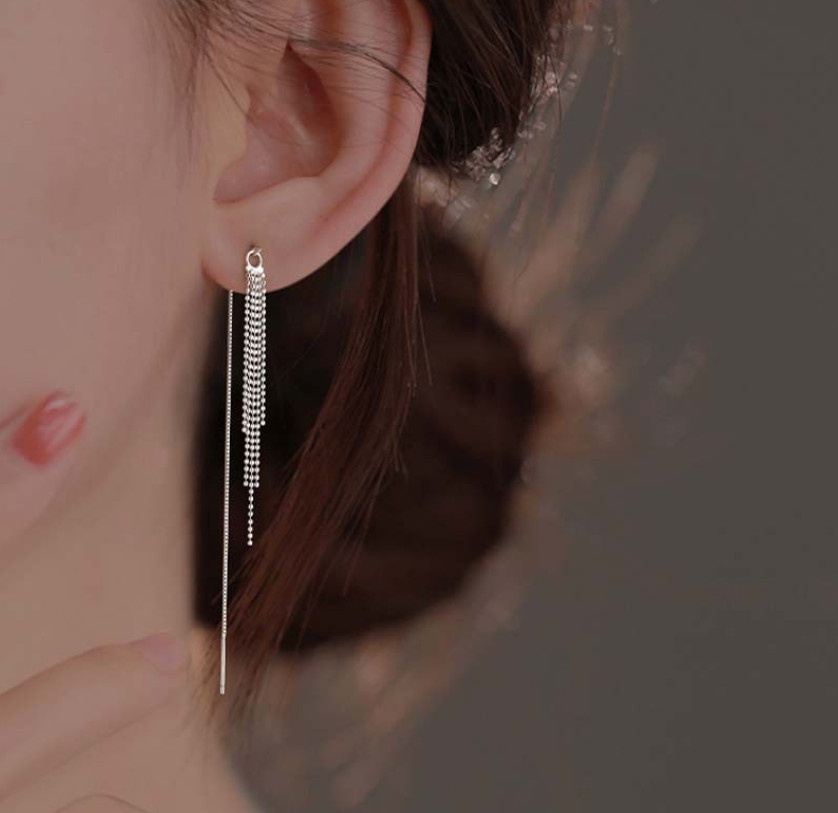 925 Silver Plated Threader Earrings Dainty Chain Tassel Drop Pull Earrings S6