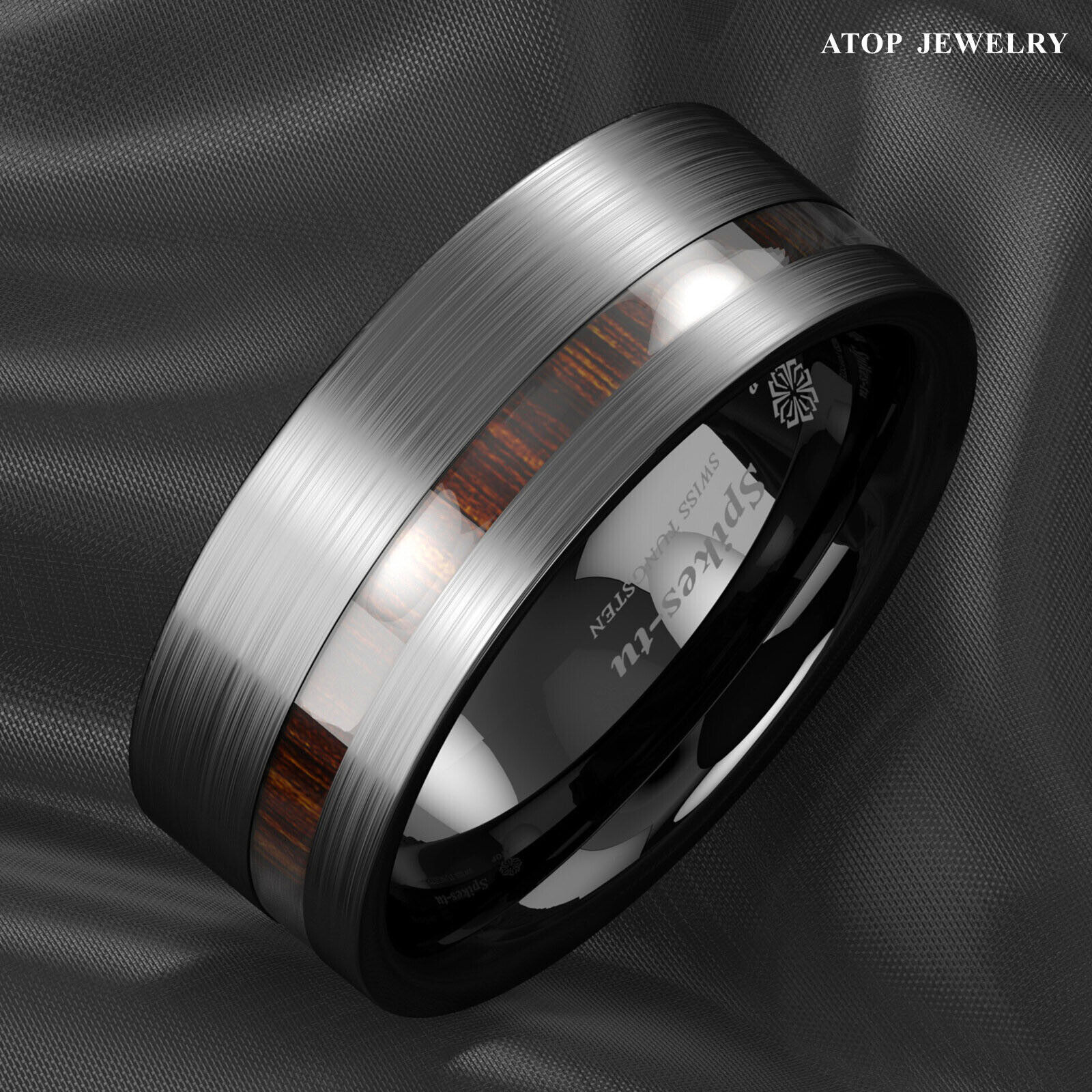 8mm Black/Silver Tungsten Carbide Ring Off Center Koa Wood ATOP Wedding Band