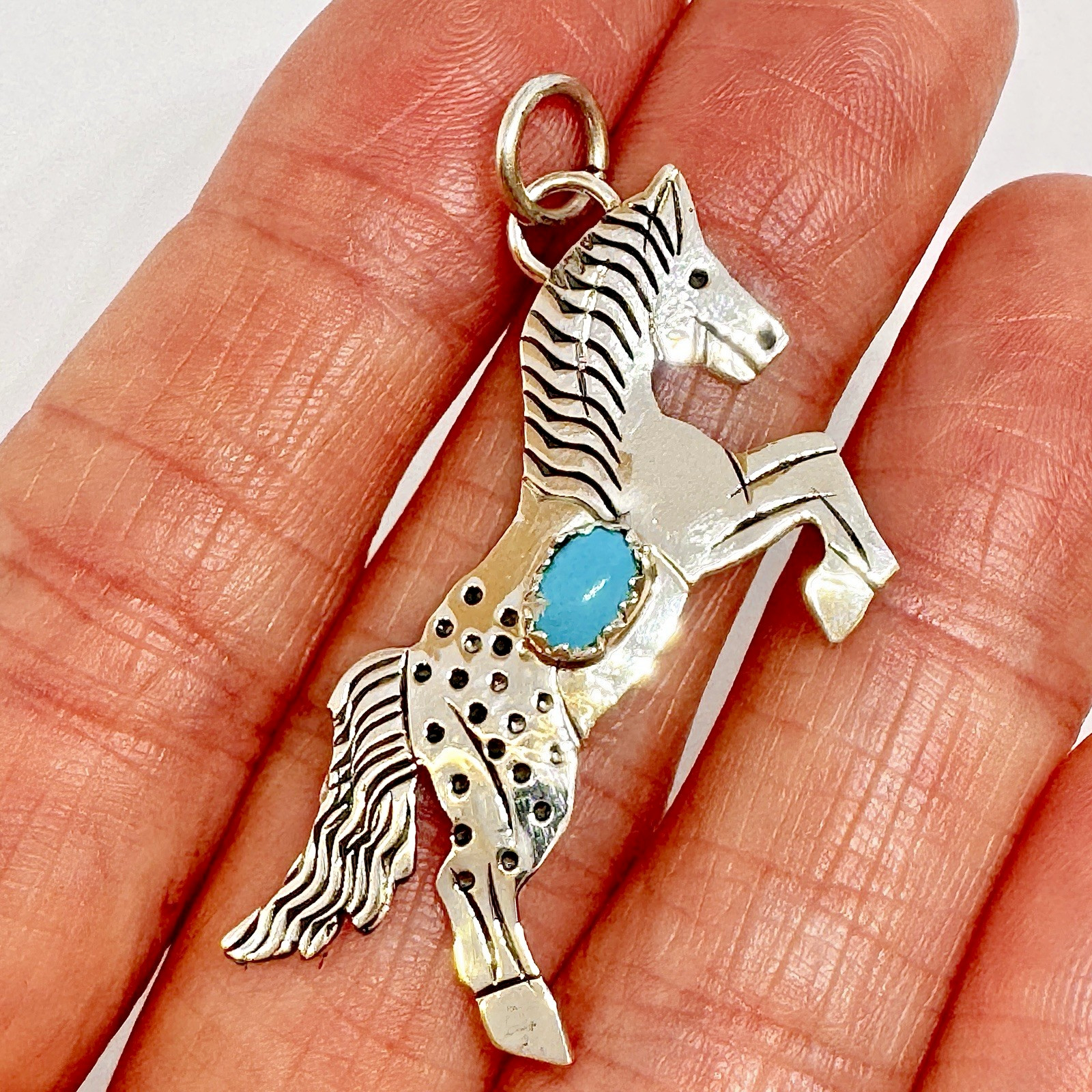 Navajo Horse Turquoise Pendant 1.5in Signed Louise Yazzie Sterling Rearing USA