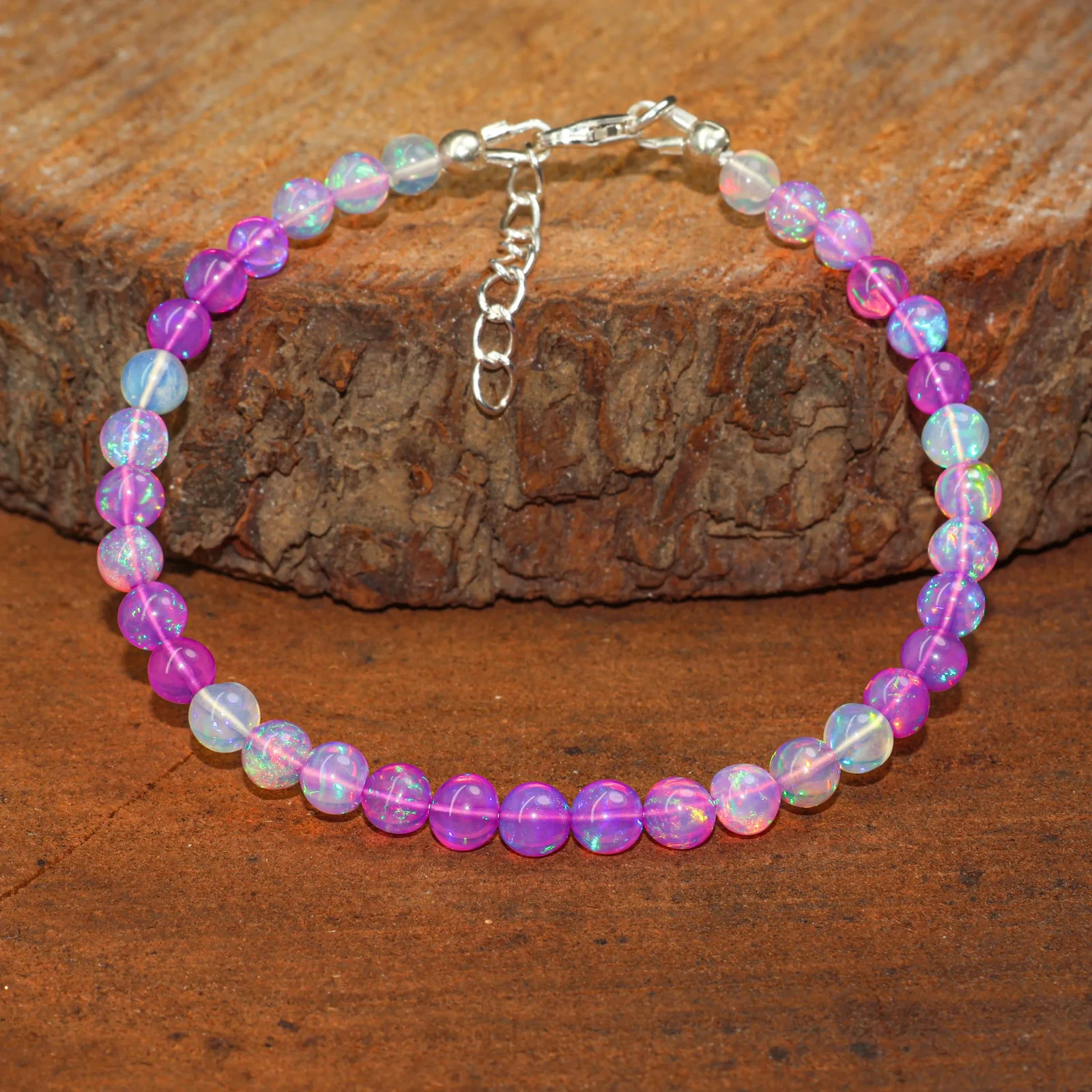 Purple Opal Gemstone Round Beads Bracelet, Genuine Fire Opal Beaded Bracelet