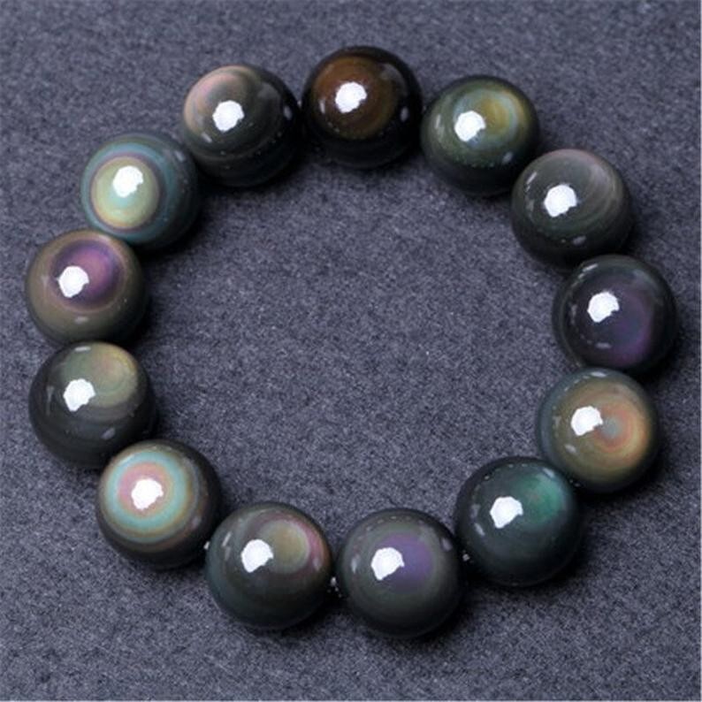 10MM Handmade Balance Round Rainbow Obsidian Bead Healing Men Women Bracelet