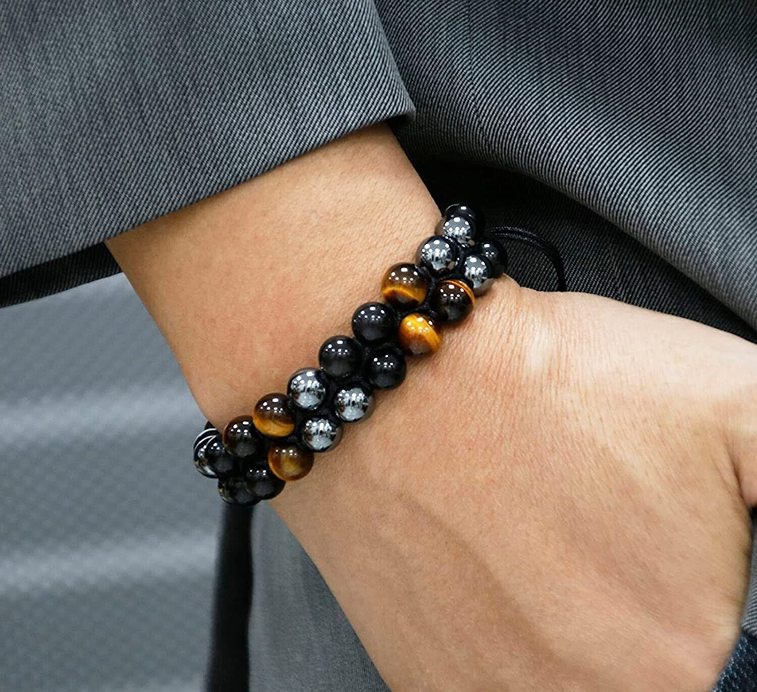 Triple Protection Tiger Eye Hematite Obsidian Bead Healing Adjustable Bracelet