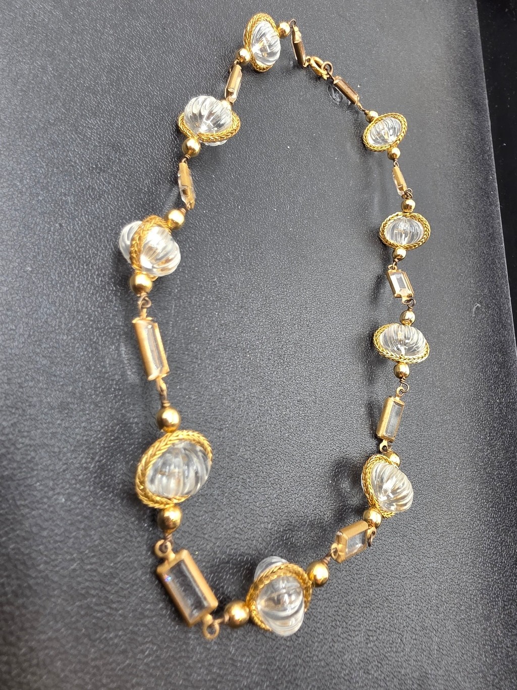 Vintage Gold Tone Clear Lucite Bead Statement Necklace | Retro Art Deco Style