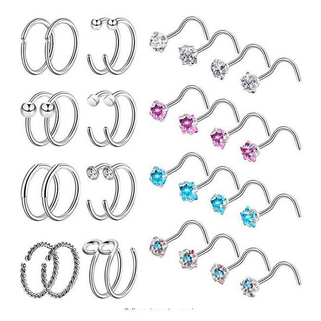 32PCS/LOT Nose Hoop & L/Bone/Screw Shaped Nose Studs Ear Lip Ring Piercing 20G