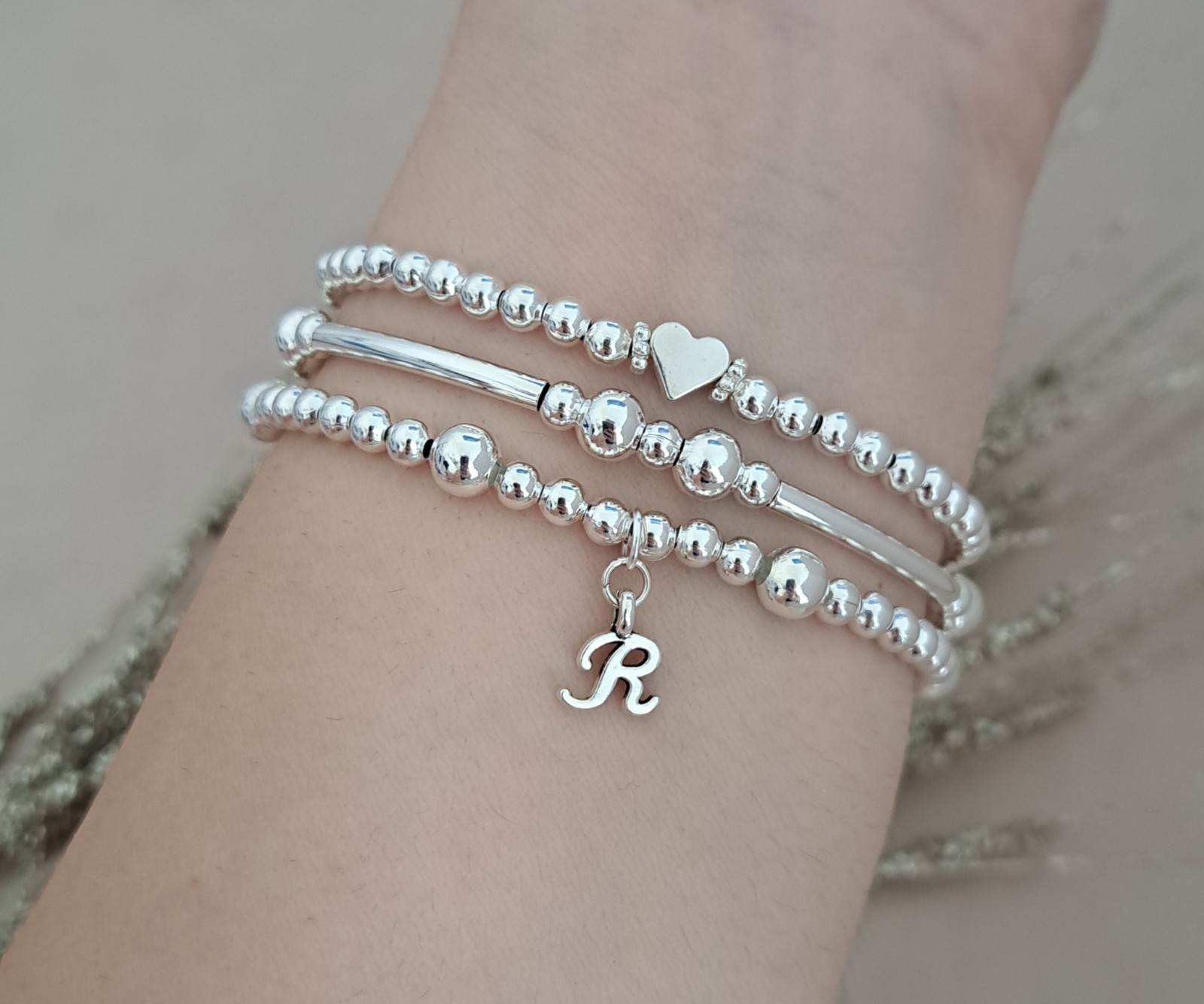 Personalised Initial Heart Bracelet Set Silver Bead Stacking Gift Women