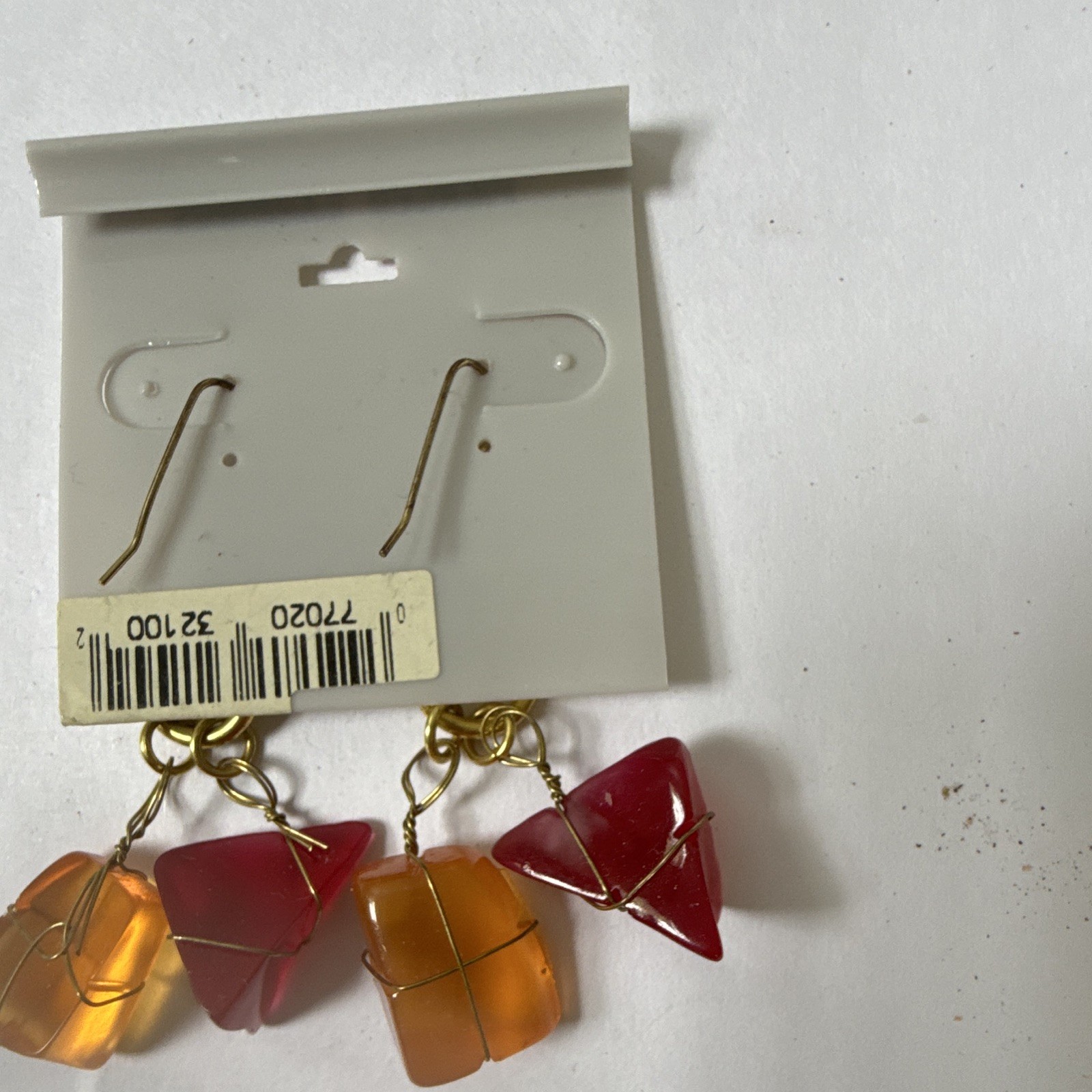 Pierced Gold Tone Wire Wrapped Dangle Earrings Red Orange Glass Bead Drops
