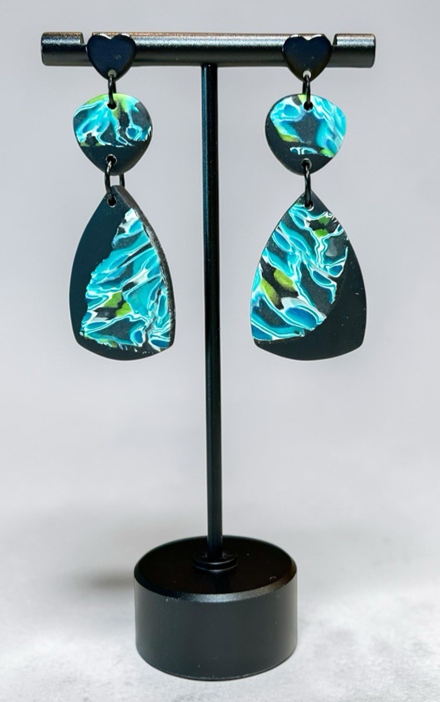 Handmade Black, Blue & Green Large Polymer Clay Dangle Earrings Stainless Posts
