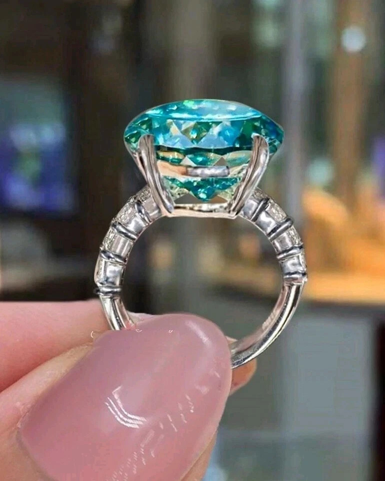RARE 20.00 Ct Certified Round Cut Blue Treated Diamond Solitaire Ring 925 Silver