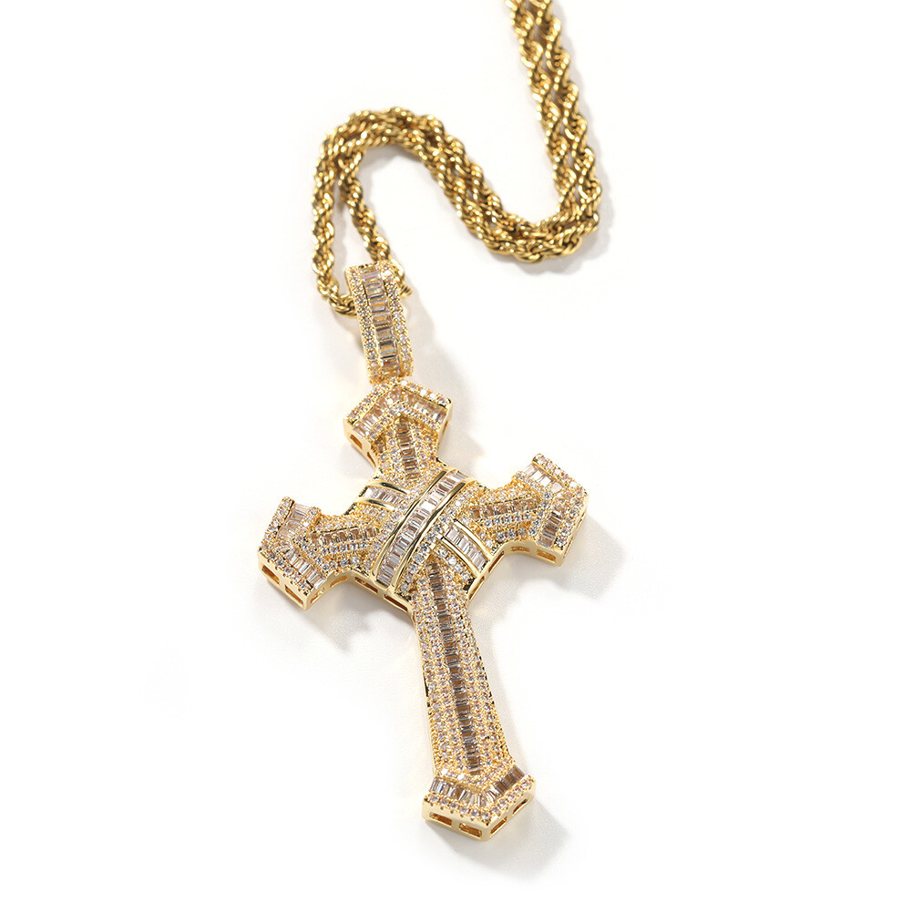 Men’s White Gold Plated Iced Out Jesus Cross Crucifix Pendant Charm Necklace