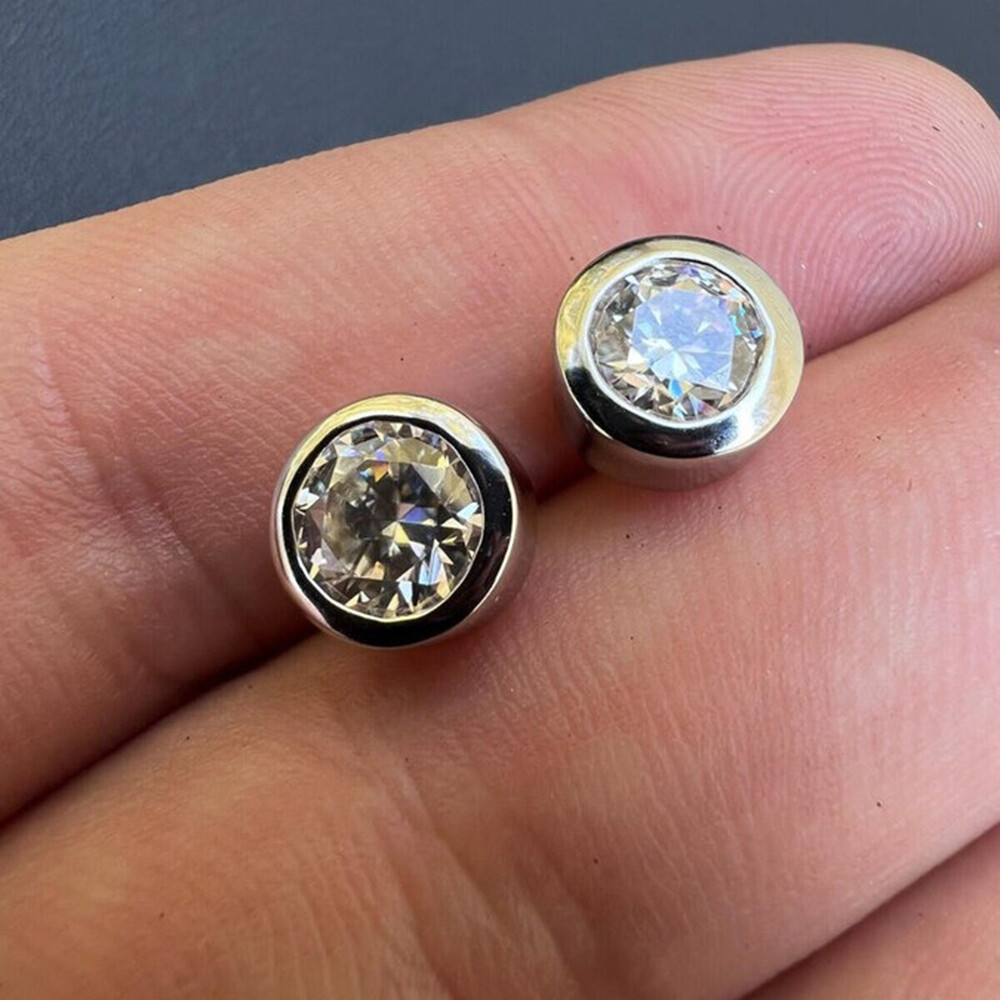 Real Moissanite Bezel Stud Earrings 925 Silver Mens Ladies Pass Tester