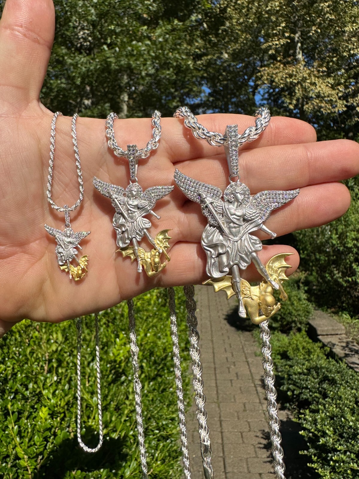 MOISSANITE St Michael Slaying Dragon Pendant 925 Silver & 14k Gold Necklace Iced