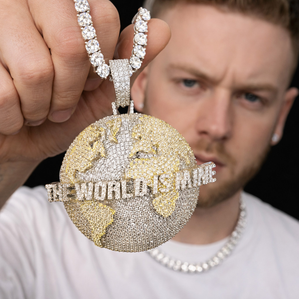 5AAA+ CZ Hip Hop Iced Out The World is Mine Pendant Chain 14k Real Gold Plated