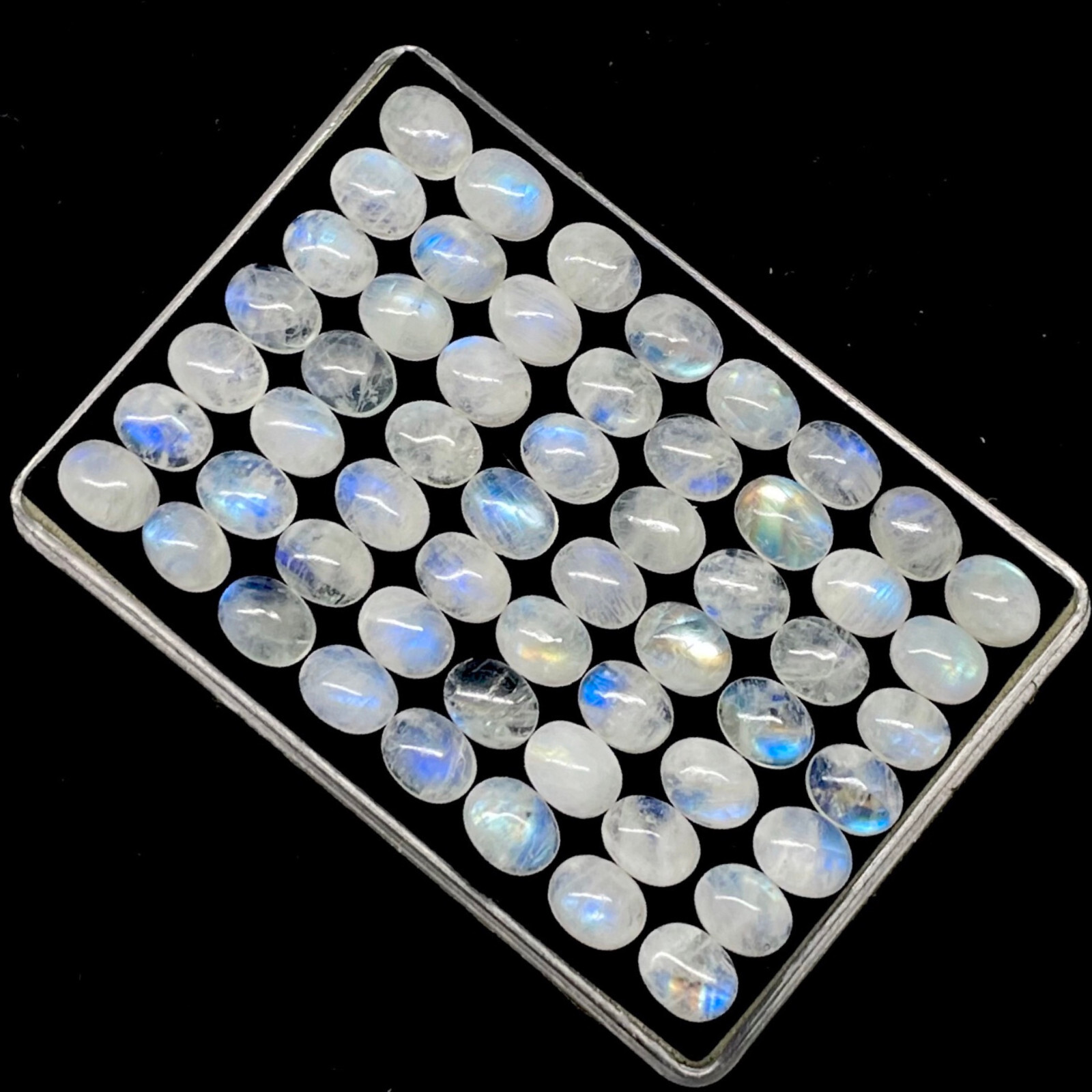50 Pcs Natural Rainbow Moonstone 9x7mm Oval Blue Shines Cabochon Gemstones Lot