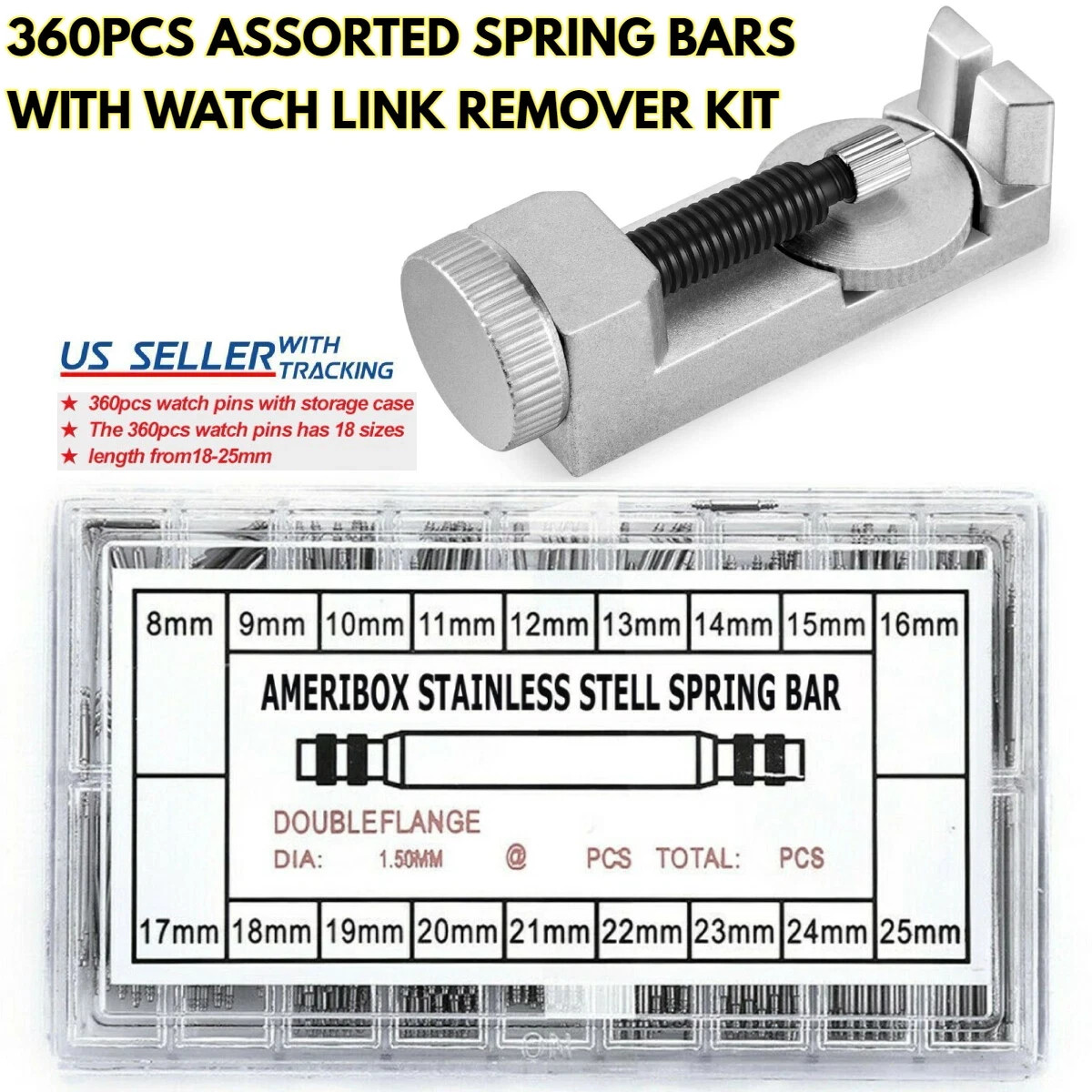 360Pcs Watch Pins Spring Bars Band Strap Link Remover Set Repair Kit Stainless