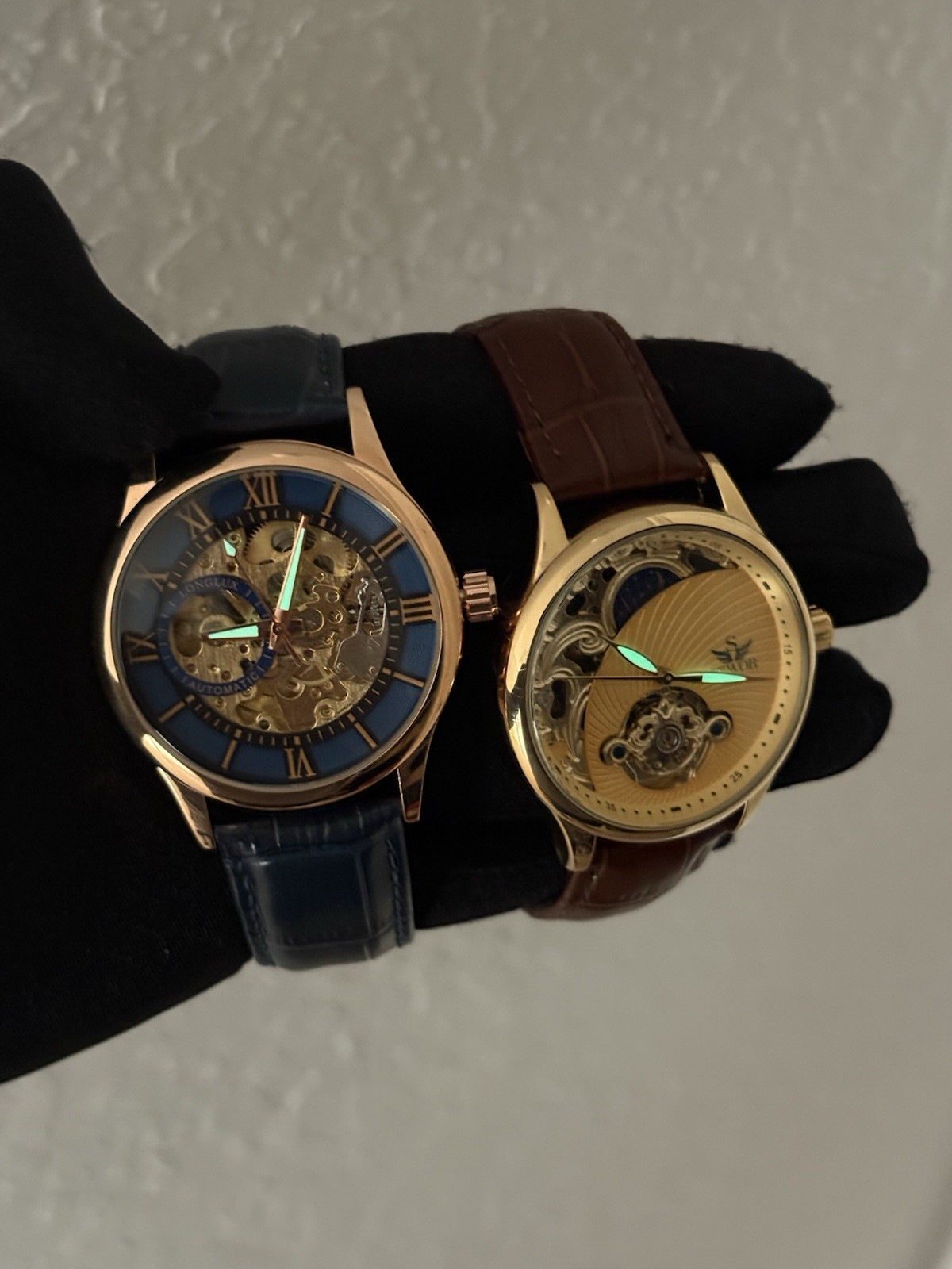 Longlux Automatic Skeleton Men’s Watch Gold Tone Blue Dial 42mm 3ATM Leather