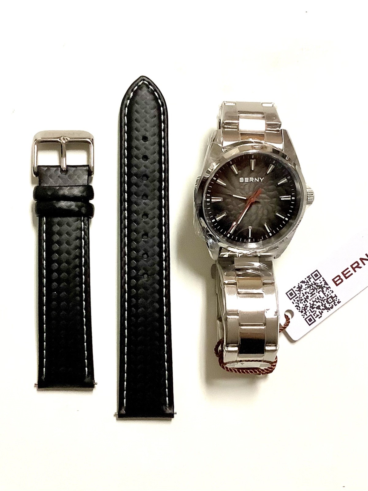 BERNY 38mm QUARTZ WATCH, TEXTURED DIAL, STAINLESS STEEL & BERNIE LEATHER BANDS