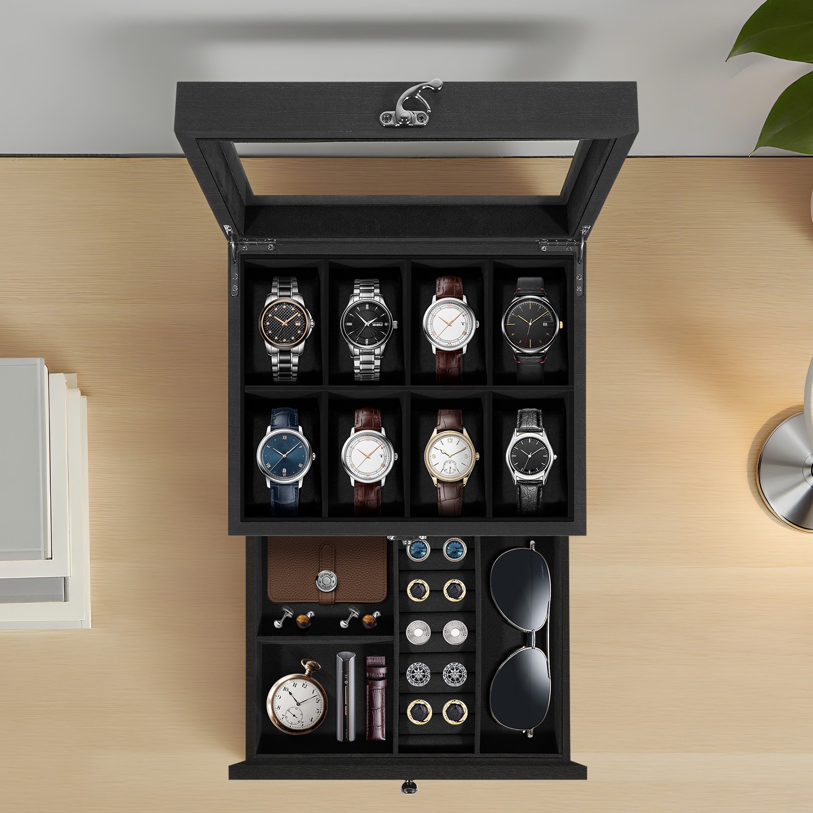 8 Slots Watch Box Solid Wood Watch Case Glass Lid Jewelry Storage Display Case